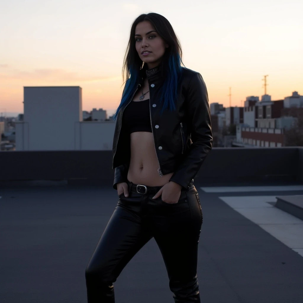 Edgy young woman, slim curvy build, toned stomach and strong legs, black leather pants, black cropped jacket, boots, black hair with blue streaks, alternative fashion, confident pose, urban rooftop at sunset, photorealistic, soft cinematic lighting