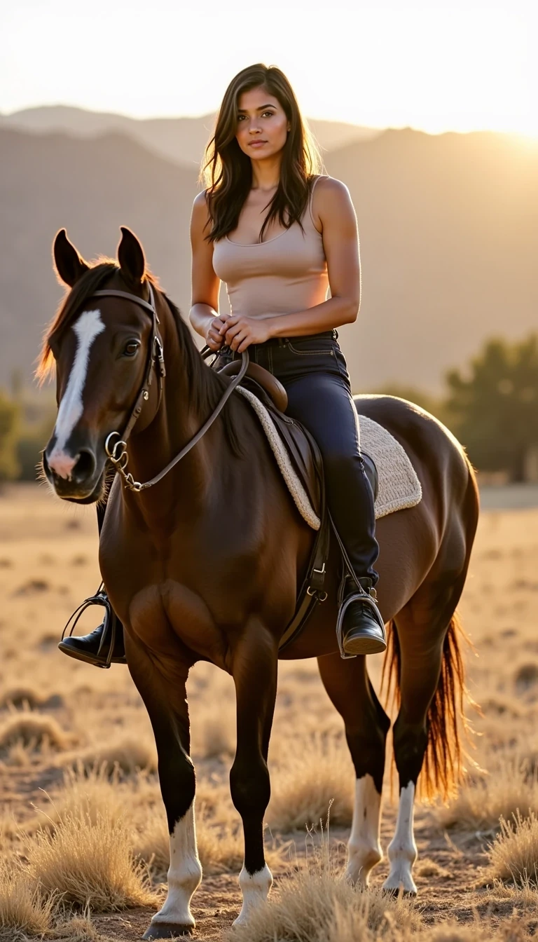 IMG_1589.HEIC
CSTMDL woman horseback riding at golden hour on a bold dark-bay horse with a white blaze, in a dry grassy field with soft foothills in the background (Denver vibe). Friend-taken, candid iPhone-style portrait: camera ~6–8 feet back, 3/4 angle that shows her from head to mid-thigh plus the horse’s head/shoulders. She wears a fitted, tasteful top (no logos) and dark blue jeans with ankle boots; minimal jewelry (simple necklace or bracelet only), natural glam makeup, soft wavy hair. Warm backlight rim on hair and shoulders, realistic skin texture, shallow depth of field, a little dust in the air, relaxed confident expression, one hand lightly on the reins.

--no nose stud, no facial piercings, no Apple Watch, no studio lighting, no airbrushed/plastic skin, no warped tack, no deformed horse anatomy, no extra limbs/fingers, no text/watermark

Annotation: aspect ratio 9:16, LoRA:MouFace_v1:0.85, guidance 2.5, reuse Post 1 seed