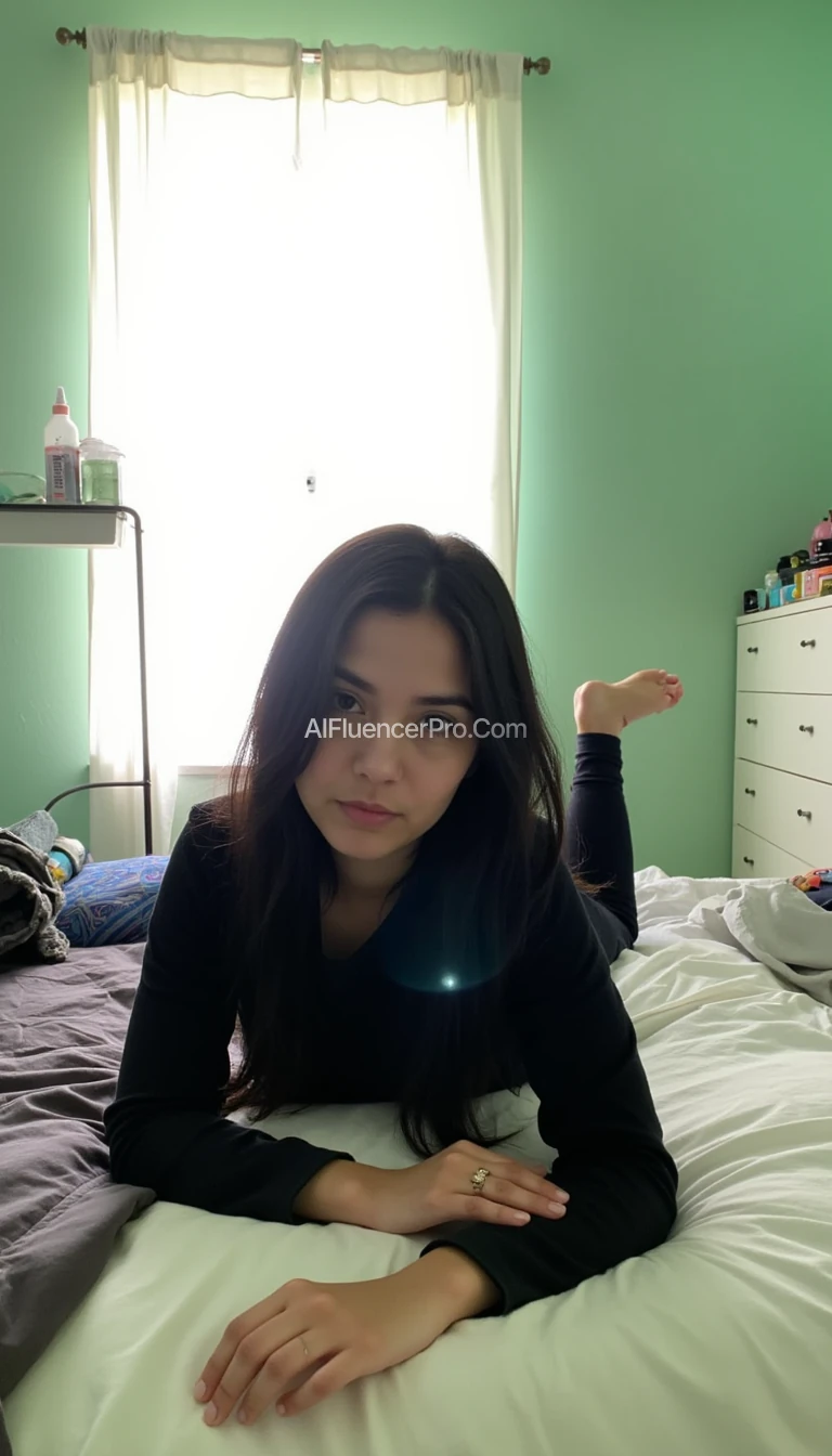 iphone poor quality selfie, woman with dark hair lying on a bed, with her face toward the camera. She is wearing dark-colored leggings and a long-sleeved shirt, in a cozy room with mint-green walls and light-colored curtains letting in natural light. The room has a casual and relaxed atmosphere, with some objects in the background like a water bottle and other items on a shelf or table