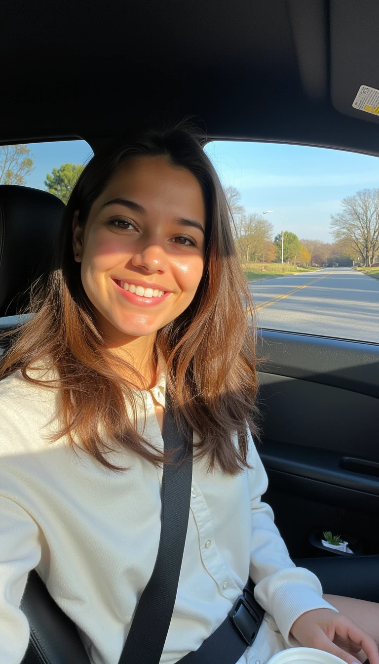 boring low quality snapchat photo circa 2015, A young latina woman with a warm smile, sitting in the driver's seat of a cozy car. She has soft, wavy brown hair cascading past her shoulders. The sunlight streams through the window, casting a gentle glow on her face. The interior of the car is neat and comfortable, with a coffee cup in the cup holder and a small plant on the dashboard. The background outside the window shows a scenic road lined with trees and blue skies