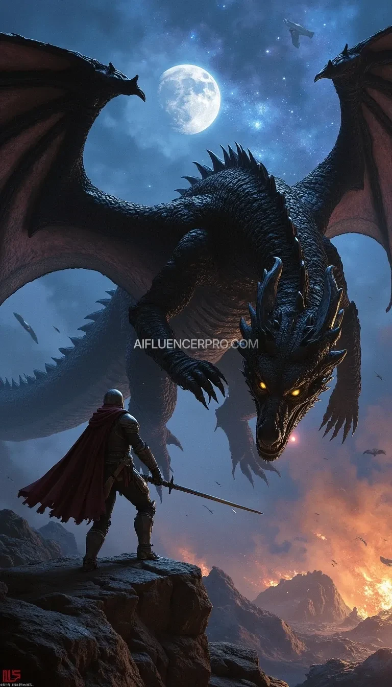 A dragon with imense detail depicting a dark aroua attacks a rather simplistic knight in the realm of space. 