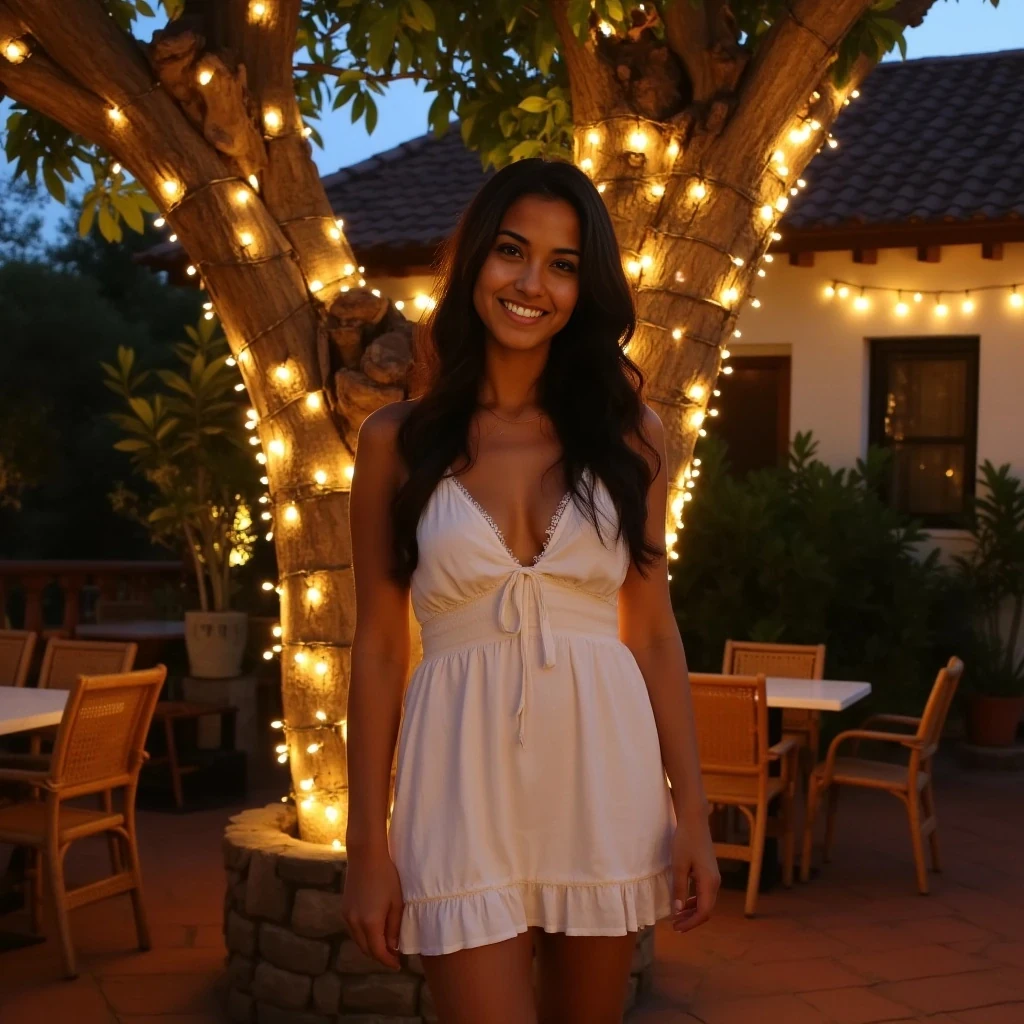 A full body shot photo of a woman standing outdoors at a cozy, warmly lit patio in the evening, with soft, glowing lights wrapped around a tree behind them creating a charming atmosphere. The image is rich in detail, with warm tones and clear textures throughout. The woman has tanned skin, a slim build, and long wavy dark brown hair cascading to her middle. She is wearing a cute cream summer mini dress. The background features a large tree with sparkling string lights wrapped around its trunk and branches, adding a magical touch to the scene. The setting suggests a private outdoor seating area, with elements like terracotta-tiled roofing, greenery, and rattan chairs contributing to a serene, inviting vibe. The overall composition is balanced, with the woman framed against the softly glowing tree, and the lighting enhances the warm, intimate feel of a quiet evening shared among friends. The details are vivid, with textures of clothing, skin, and background elements clearly visible, while the warm lighting creates a relaxed and joyful mood