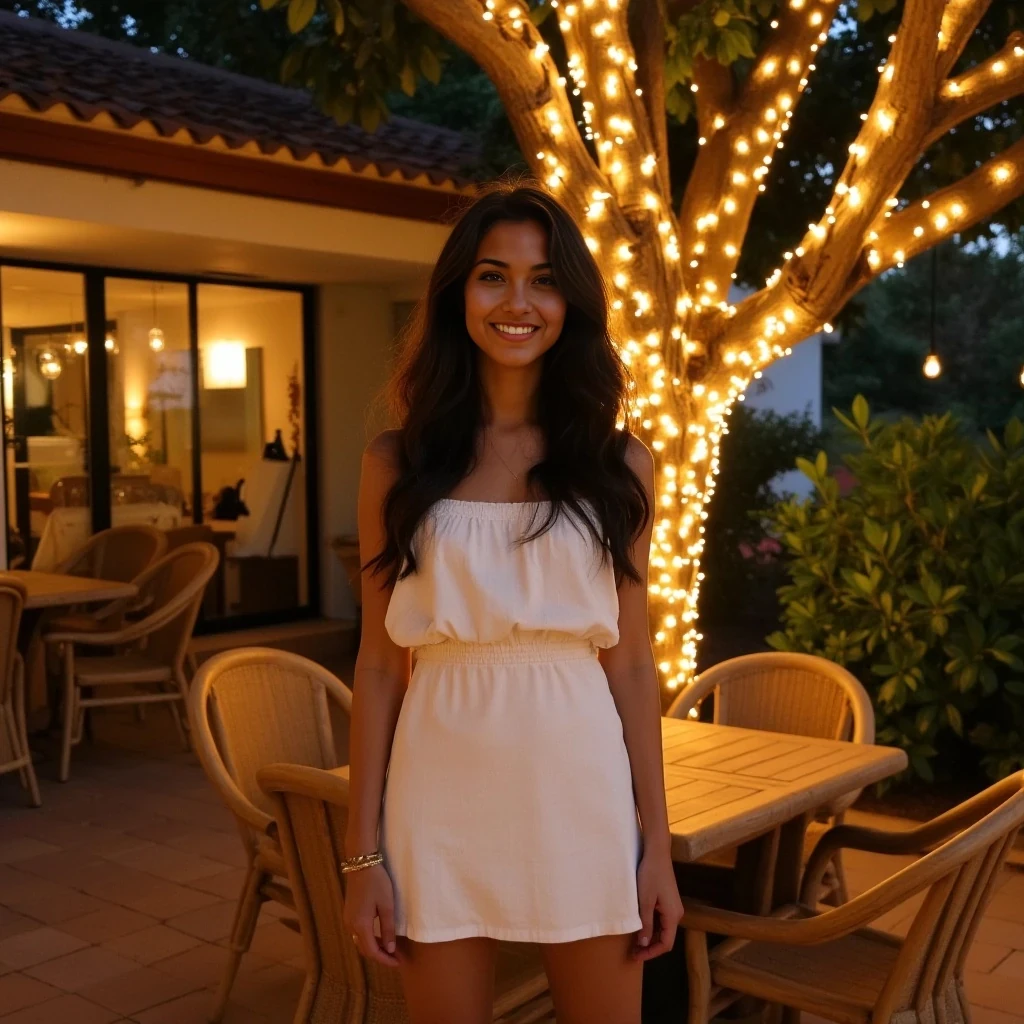 A full body shot photo of a woman standing outdoors at a cozy, warmly lit patio in the evening, with soft, glowing lights wrapped around a tree behind them creating a charming atmosphere. The image is rich in detail, with warm tones and clear textures throughout. The woman has tanned skin, a slim build, and long wavy dark brown hair cascading to her middle. She is wearing a cute cream summer mini dress. The background features a large tree with sparkling string lights wrapped around its trunk and branches, adding a magical touch to the scene. The setting suggests a private outdoor seating area, with elements like terracotta-tiled roofing, greenery, and rattan chairs contributing to a serene, inviting vibe. The overall composition is balanced, with the woman framed against the softly glowing tree, and the lighting enhances the warm, intimate feel of a quiet evening shared among friends. The details are vivid, with textures of clothing, skin, and background elements clearly visible, while the warm lighting creates a relaxed and joyful mood