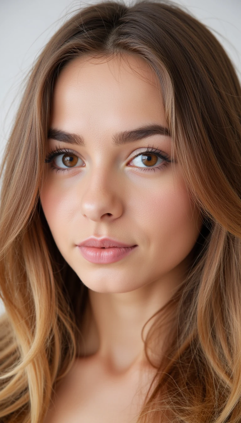 A young female with a soft, oval-shaped face and warm, light golden skin tone. Her facial features are youthful and harmonious, with smooth cheeks, a gently rounded chin, and a subtle jawline. Her natural complexion has a healthy, sun-kissed glow, with a faint pink blush across the upper cheeks and a soft matte finish.

Her eyes are large, round, and set wide apart. They are a warm medium brown with a soft, reflective quality and dark outer rims. Her eyelids have a delicate crease, and her lower lash line is clean and subtle. Her lashes are natural and moderately long, giving her eyes a gentle, innocent expression. Her eyebrows are medium in thickness with a gentle arch, brushed neatly and naturally tapering toward the tail. Their color matches her hair, creating a cohesive look.

Her lips are naturally full with a smooth, soft shape. The upper lip has a delicate cupid’s bow, while the lower lip is round and gently plump. Her lip color is a muted rose pink, enhancing her natural tone without looking overdone.

Her hair is long, healthy, and voluminous, styled in loose, flowing waves. The color is a medium golden brown with subtle honey-blonde highlights that frame her face. The texture is soft and smooth, with a natural shine that catches the light. Her hair is parted slightly off-center, with layers that add depth and movement as it cascades gently past her shoulders.

The lighting is soft and neutral, providing even illumination across her face and enhancing the gentle warmth of her features. Her expression is calm and self-assured, with a natural, effortless beauty.