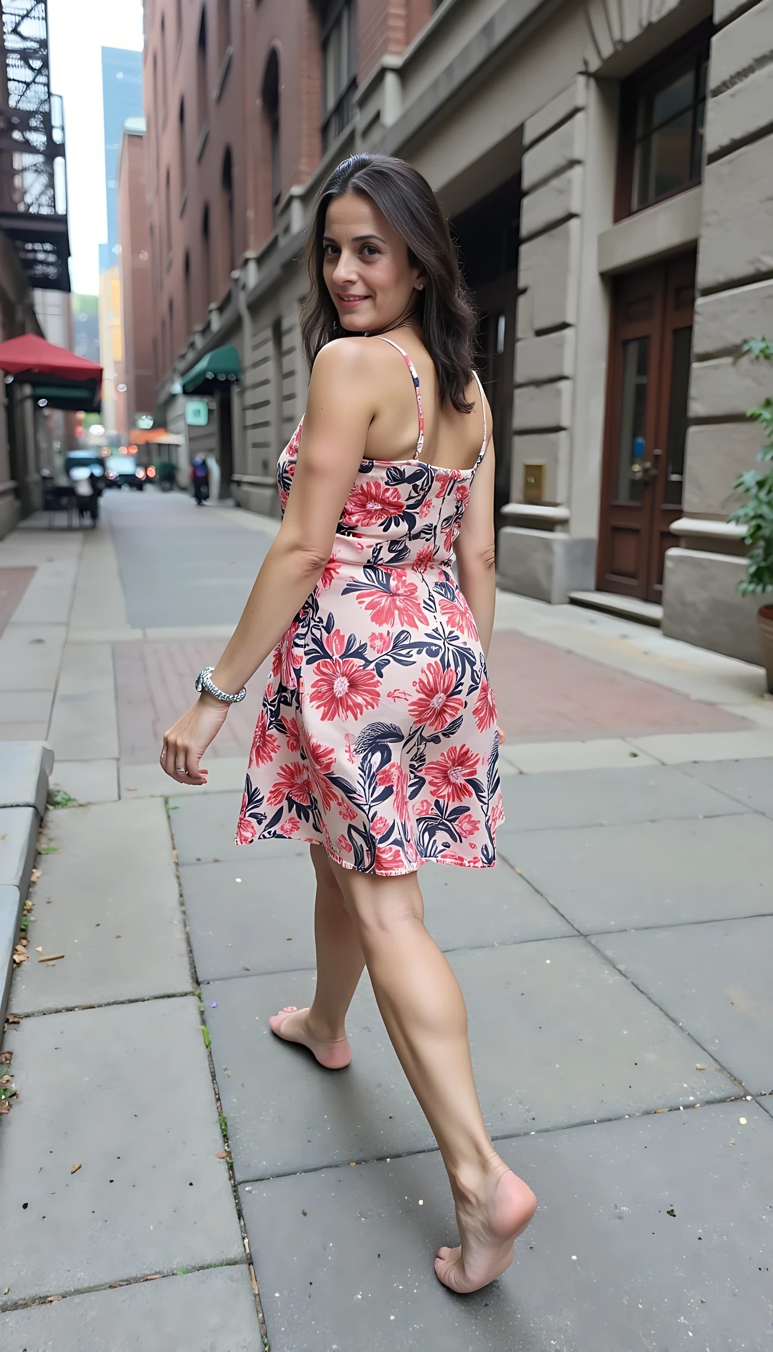 photo of brunette CSTMDL small saggy tits and chubby body,she is cute and smiling walking on streets of new york wearing summer dress. side view not looking at camera, she is looking up. 