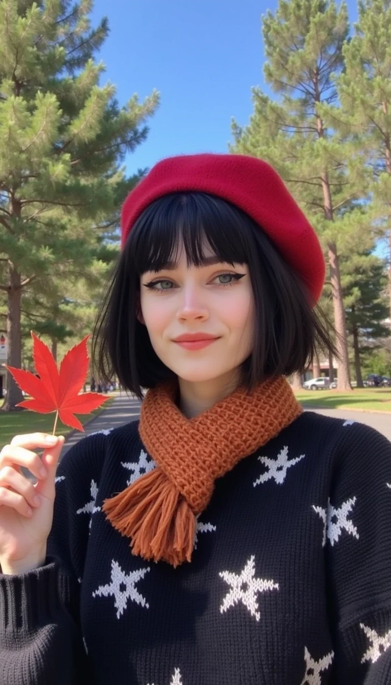 boring low quality snapchat photo circa 2015, cute woman CSTMDL, young woman with short jet black hair smiles warmly while holding a red autumn leaf. She wears a red beret, a black sweater with playful white abstract designs, and a rust-colored knit scarf. The setting is an outdoor park with tall green trees and a clear blue sky in the background, creating a serene and cheerful autumn atmosphere.