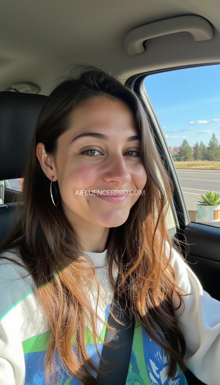 boring low quality snapchat photo circa 2015, A young woman with a warm smile, sitting in the driver's seat of a cozy car. She has soft, wavy brown hair cascading past her shoulders. The sunlight streams through the window, casting a gentle glow on her face. The interior of the car is neat and comfortable, with a coffee cup in the cup holder and a small plant on the dashboard. The background outside the window shows a scenic road lined with trees and blue skies