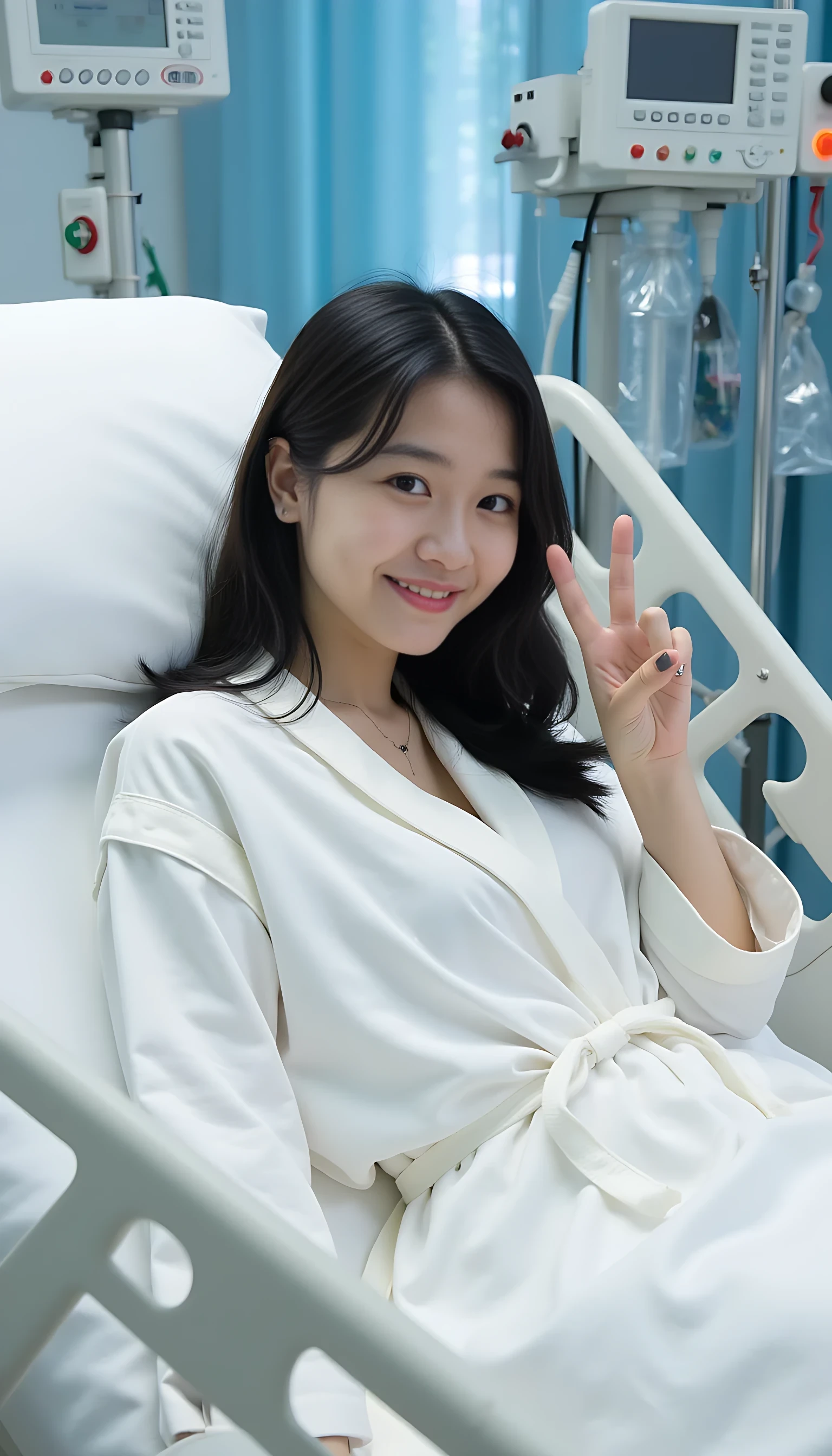 she is wiith black hair is lying on a hospital bed in a brightly lit hospital room. She is wearing patient robes and making a cheerful victory sign with her hand. The room is equipped with modern medical devices, including monitors and IV stands, giving a clean and professional atmosphere. Her expression radiates hope and resilience. The soft glow from the overhead lighting casts a warm and calming ambiance in the room, highlighting her gesture and the advanced medical setup around her.
