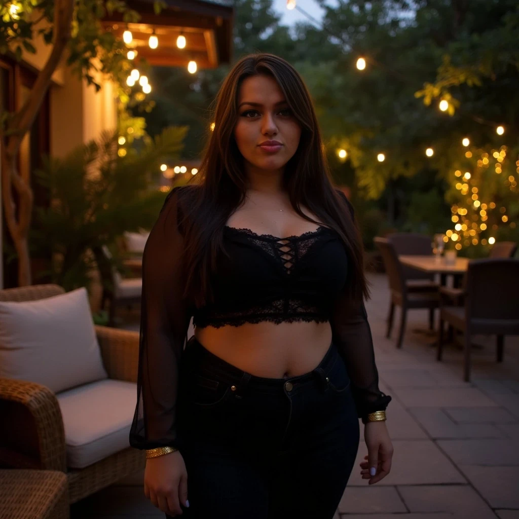 Looks exactly like me ... A full-body photo of a curvy woman 25 years old outdoors on a warmly lit patio at dusk. Fair skin, long brunette hair with a blend of tones , confident expression. Wearing a soft black crop top and figure-hugging jeans. Warm lighting with string lights in trees, cozy outdoor seating, rattan textures. Serene, cinematic mood with glowing highlights and soft shadows…wearing a sheer black lace set with gold accents…
