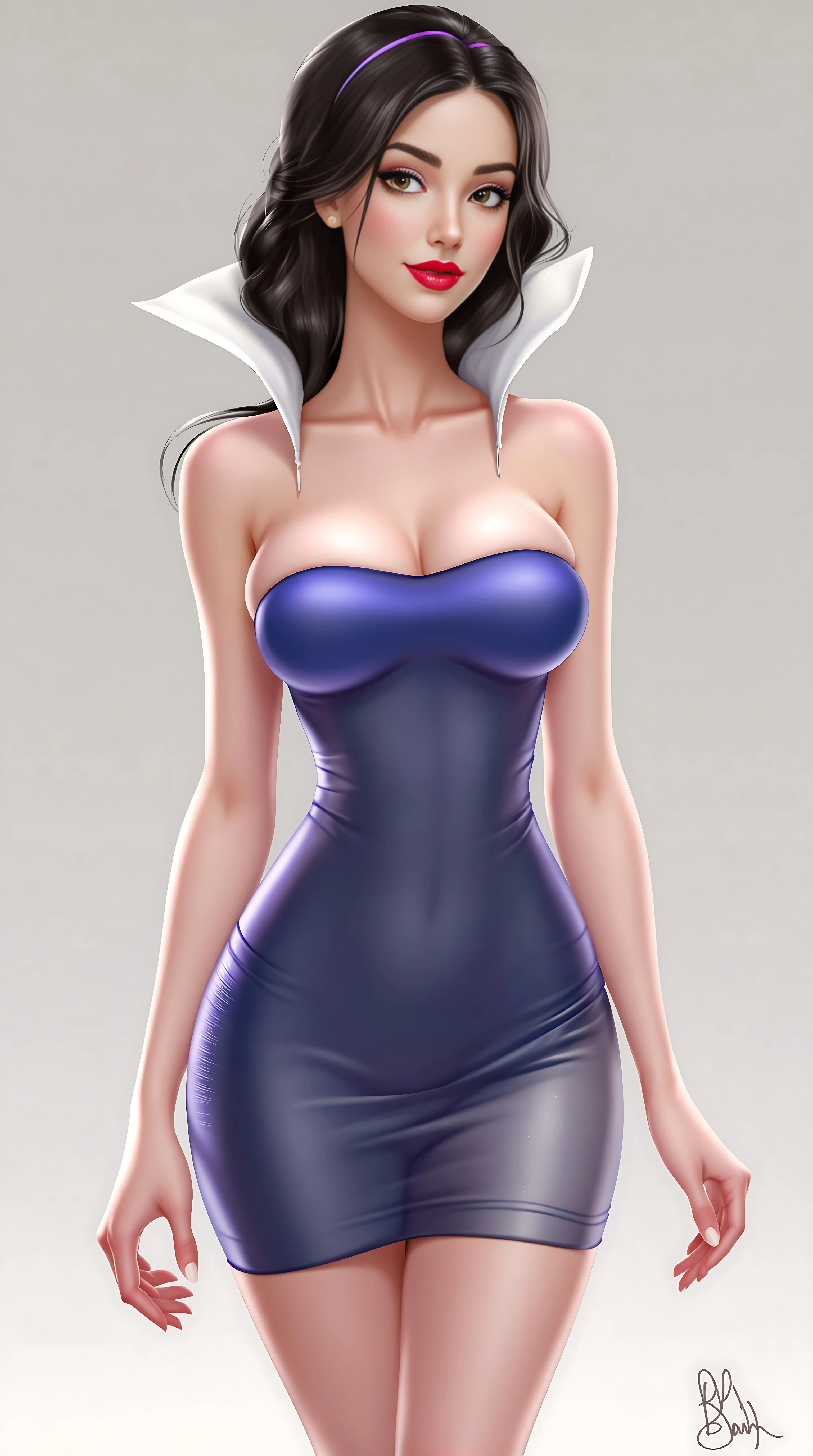 Digital ai art illustration, A modern Disney princess snow white, shes wearing a skin-tight strapless backless top and a skin-tight short micro tube short skirt, flat stomach, full glossy lips, 