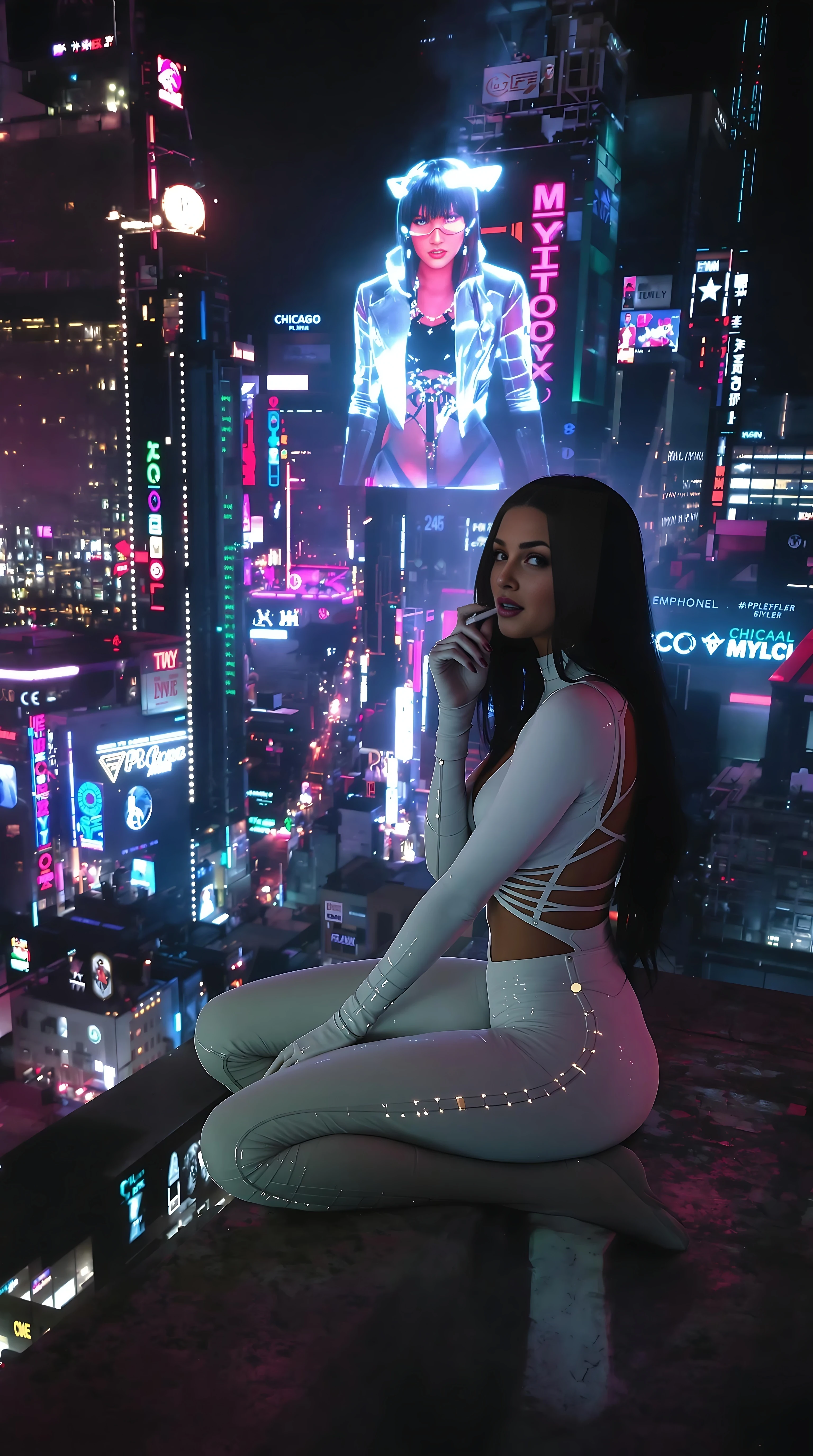 Cyberpunk year 2214, Illinois, Chicago City, neon lights and holograms, a beautiful stunningly gorgeous short 5,2 height 110lbs to 120lbs smooth tan complexion mexican latina girl, very glossy peachy-pink lips, full lips, slightly parted lips, long straight black hair past her waist,  brown eyes, roof top, the City is all urban and highly advanced and highly technologically evolved, mega buildings, the city has two layers, two levels, the lowest layer the lowest level the old city for the the poor, and above the old city is the higher layer the upper level of the city and its highly advanced and super technological evolved and modern, Av flying vehicles in the sky, shes a famous super model, shes a real doll face baddie, lots of holograms, holograms, volumetric fog, there is a big hologram of her in the background, her outfit is skin-tight like a second skin, she loves her all white Aesthetic, shes on the roof just chilling and smoking a cigarette, chill face expression, shes sitting on the ledge looking so cool, shes observing the city from above, looking down imagining how long she would fall until her body spalashes on the ground, the wind blowing her hair, her legs hanging of the ledge, she has the best most expensive trendy fashionable apparel, cut outs revealing skin, white black blue silver but mostly white,