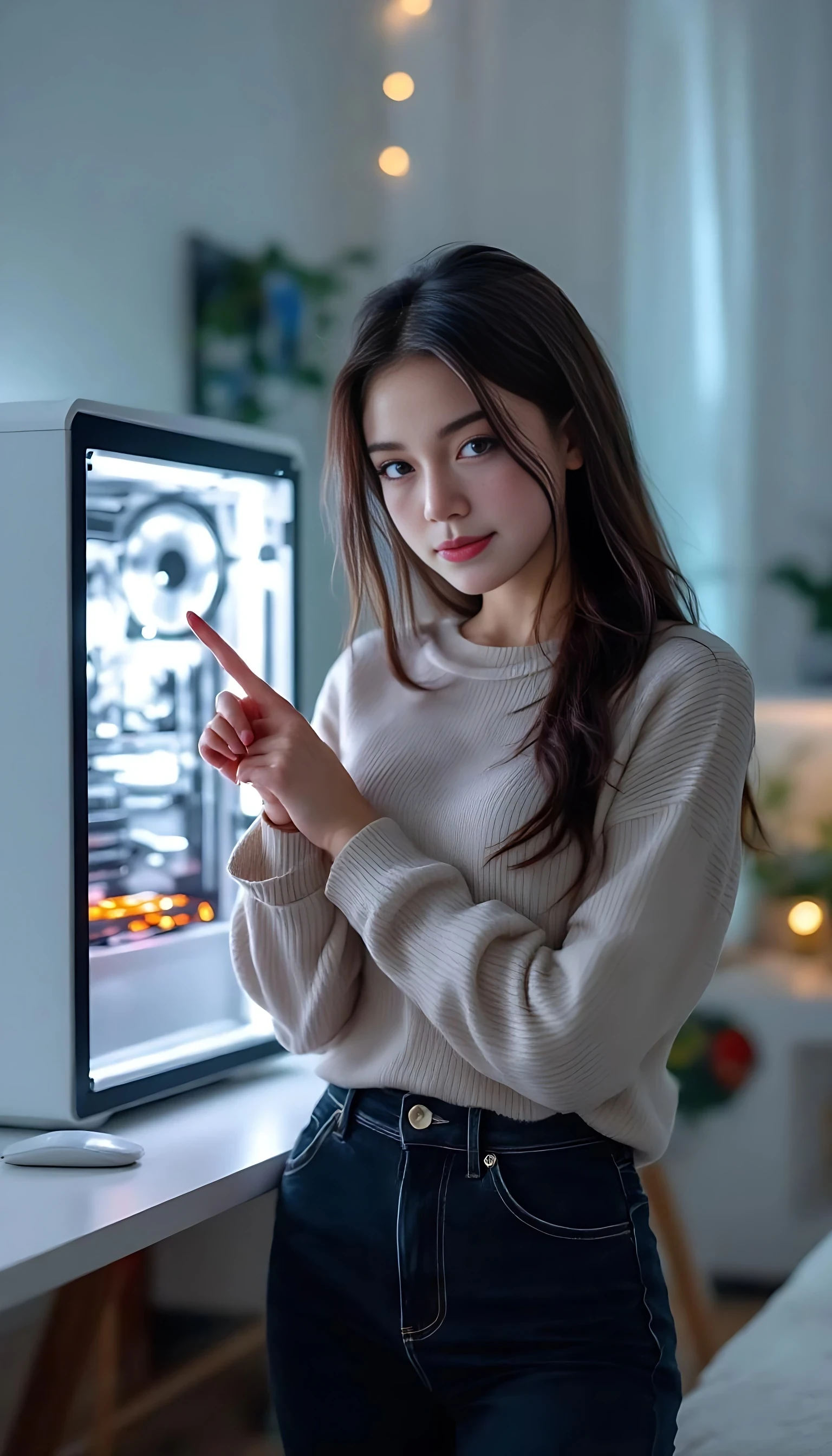 Young woman standing  with show off setup gaming full white lianli gaming setup, pointing at the white PC tower with pride, clean and minimal desk, soft white lights fill the room – confident expression.

negative prompt:  blurry, low resolution, low quality, distorted face, extra limbs, extra fingers, missing fingers, deformed hands, unnatural skin texture, overexposed, underexposed, bad anatomy, disfigured, mutated, duplicate face, fused limbs, exaggerated features, unrealistic eyes, anime style, cartoon, doll-like, glitch, watermark, text, logo, grain, noisy background, jpeg artifacts, lens distortion, fisheye,deformed hands, extra fingers, missing fingers, double face, bad anatomy, blurry face, disfigured, bad proportions, low quality, artifact, mutated limbs, asymmetrical eyes, face distortion, incorrect lighting, extra limbs


