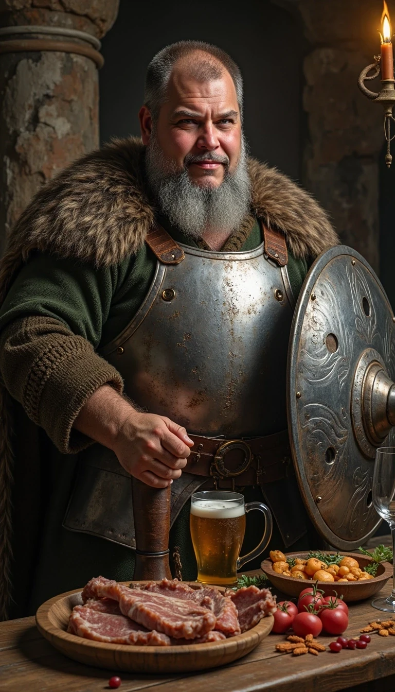 CSTMDL as grey bearded Viking with a stylish viking silver shiny Plate armour , standing beside a table full of meat , beer and wine , and he hold a big Viking drinking horn, forward with the left hand,  in his right hand he hold high a typically fine ornated metal Viking shield 
