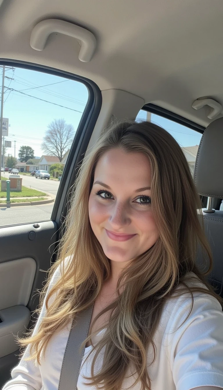 CSTMDL,  boring low quality snapchat photo circa 2015, A young woman with a warm smile, sitting in the driver's seat of a cozy car. She has soft, wavy brown hair cascading past her shoulders. The sunlight streams through the window, casting a gentle glow on her face. The interior of the car is neat and comfortable, with a coffee cup in the cup holder and a small plant on the dashboard. The background outside the window shows a scenic road lined with trees and blue skies