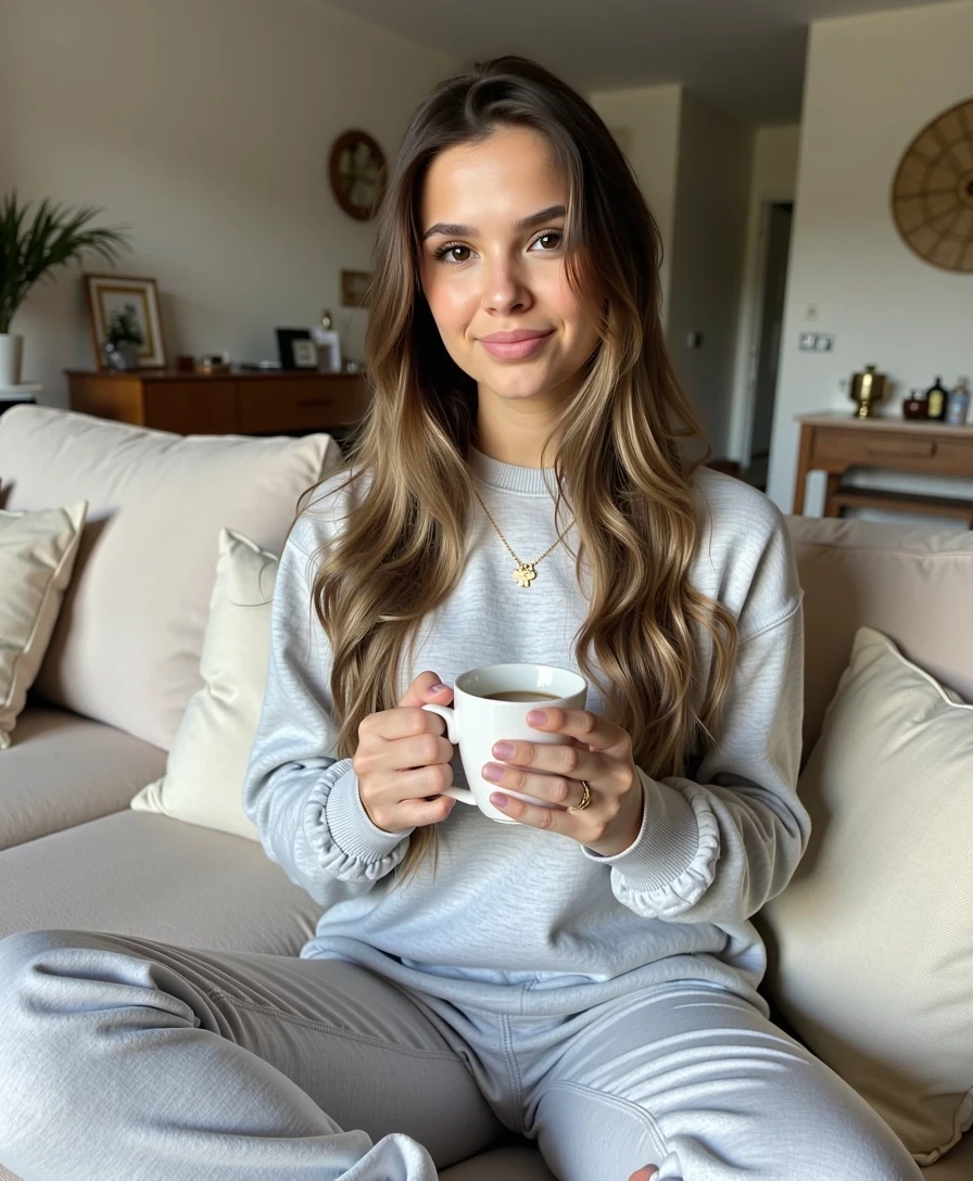 Full body lifestyle photo of a 18-year-old woman CSTMDL with hazelnut eyes, light brown hair styled in soft natural waves, fully toned skin, and big full symmetrical lips. She is wearing a cozy light grey sweatpants outfit with a relaxed fit. She is sitting comfortably on a modern couch in a stylish living room, holding a cup of tea in both hands, smiling warmly with no makeup, showing her natural fresh beauty. 

The atmosphere is cozy, warm, and relaxed, with soft natural daylight coming through a nearby window, creating gentle highlights on her face and hair while casting soft shadows in the room. The background includes subtle interior details such as cushions and a small coffee table, slightly blurred to keep focus on the subject. 

The composition is a full body shot, framed to capture her entire relaxed posture on the couch. Technical aspects: DSLR 50mm lens look, shallow depth of field with soft bokeh background, sharp focus on her skin and fabric textures, HDR, ultra photorealistic, professional photography, highly detailed, 8k high definition, Instagram lifestyle style.
Sharp focus on facial features, High dynamic range, 85mm lens look
