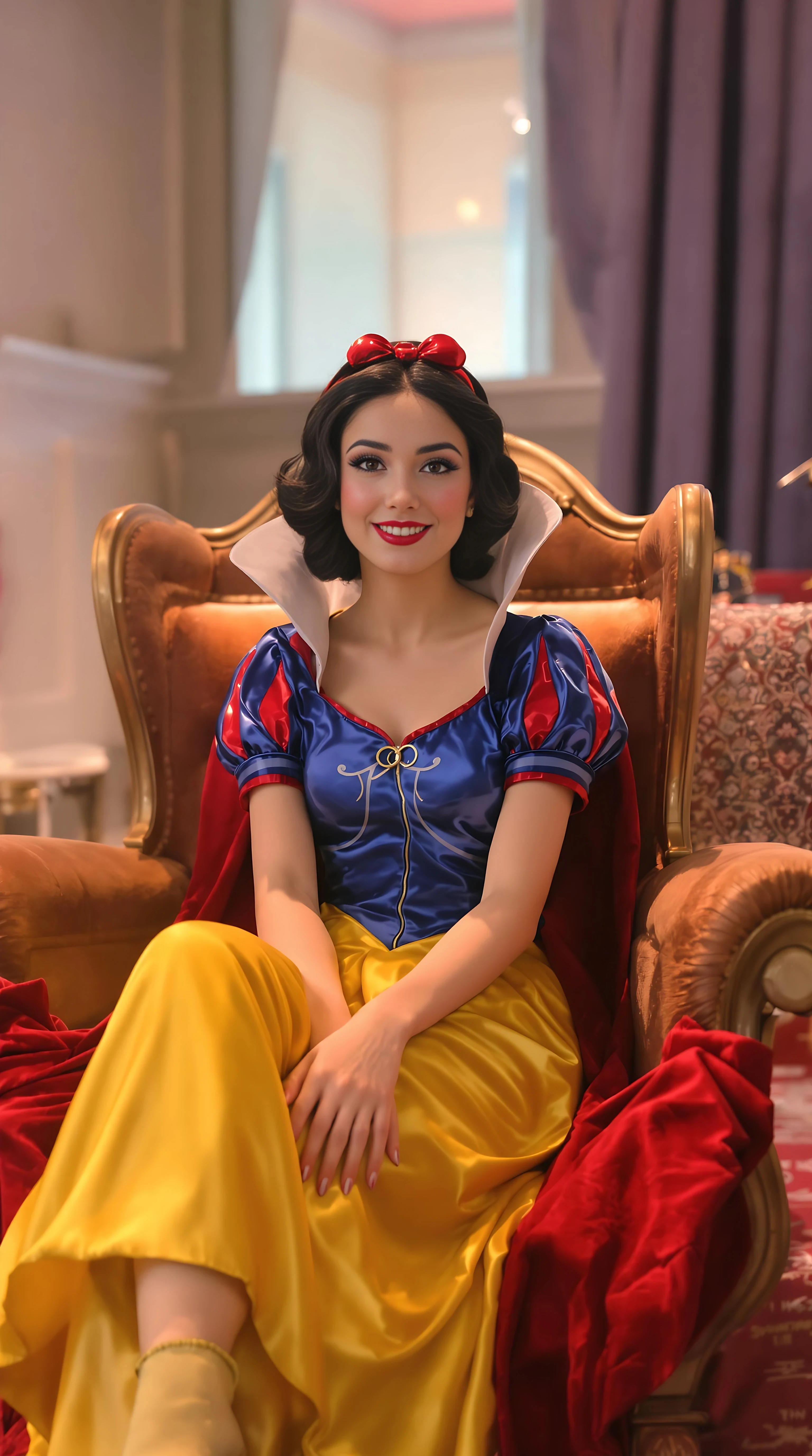 A 21st century new year 2025 modern Disney princess snow white version, snow white is wearing updated year 2025 trendy outfit that is her style, disney pixar, pixar, Disney princess snow white, but shes 18 years old now and a adult film actress, sitting very pretty on the casting couch 