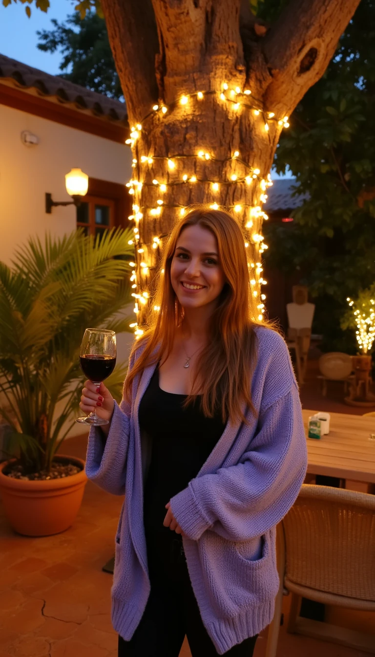 A full body shot photo of a Latina woman standing outdoors at a cozy, warmly lit patio in the evening, with soft, glowing lights wrapped around a tree behind them creating a charming atmosphere. The image is rich in detail, with warm tones and clear textures throughout. The woman has fair skin, a slim build, and long reddish-blonde hair, also worn loose. She is smiling warmly at the camera, holding a glass of red wine in her right hand, and wears a soft-textured lavender cardigan over a black top. The background features a large tree with sparkling string lights wrapped around its trunk and branches, adding a magical touch to the scene. The setting suggests a private outdoor seating area, with elements like terracotta-tiled roofing, greenery, and rattan chairs contributing to a serene, inviting vibe. The overall composition is balanced, with the woman framed against the softly glowing tree, and the lighting enhances the warm, intimate feel of a quiet evening shared among friends. The details are vivid, with textures of clothing, skin, and background elements clearly visible, while the warm lighting creates a relaxed and joyful mood