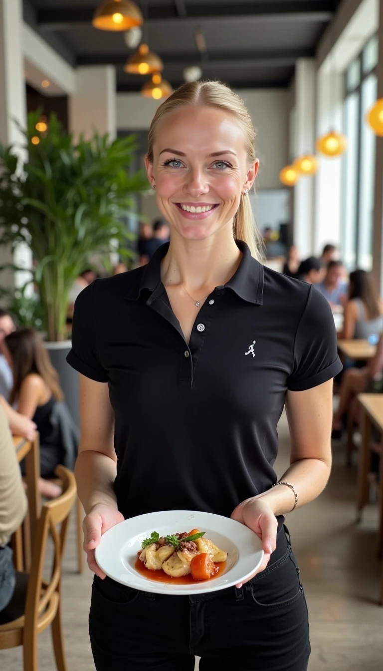 CSTMDL, Hailey, photorealistic portrait of a young woman in her early 20s with fair porcelain skin, smooth complexion, subtle natural makeup with soft pink lips and light eyeliner, straight blonde hair tied back in a neat ponytail, bright blue eyes sparkling with warmth, friendly genuine smile revealing straight white teeth, confident and approachable demeanor, gazing directly at the viewer with engaging eye contact; she is wearing a fitted black short-sleeved polo shirt, tucked into slim black pants, no visible accessories; She is working as a waitress. she is holding a notepad and writing on it. she is in front of a table taking the order. There is a couple at the table; set in a modern upscale cafe interior with high ceilings, large floor-to-ceiling windows allowing soft diffused natural daylight to flood in from the right side, creating gentle highlights and soft shadows on her face and clothing, warm ambient hanging pendant lights with golden glow in the background; background details include a tall green potted plant with broad leaves to the left, patrons seated at wooden tables including a man in a beige shirt facing away, another in gray chatting, and a woman in a black tank top with long brown hair; dominant colors are neutral blacks and grays with pops of green foliage, warm wood tones, and red accents from the food; overall welcoming and lively casual dining atmosphere, evoking freshness and hospitality; composition is a medium close-up shot from a slight low angle to emphasize approachability, framed centrally with balanced symmetry, captured with a Canon EOS 5D Mark IV camera using a 50mm prime lens at f/2.8 aperture for shallow depth of field, ISO 100 for crisp details, natural window lighting supplemented by soft indoor LEDs at 4000K color temperature, hyper-realistic textures like the soft cotton weave of the polo shirt, and smooth skin pores; ultra-detailed, hyperrealism, photorealistic rendering indistinguishable from a high-resolution photograph, 8k resolution, sharp focus on the woman and plate with bokeh background.