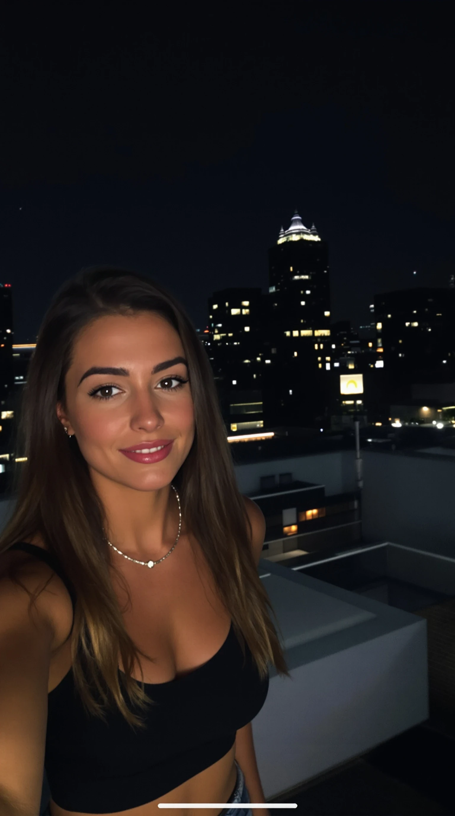 IMG_1343.HEIC, CSTMDL woman selfie on a nighttime rooftop, wearing a crop top,
low-quality Snapchat selfie
