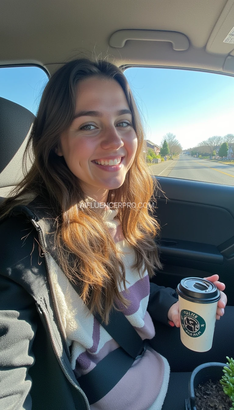 boring low quality snapchat photo circa 2015, A young woman with a warm smile, sitting in the driver's seat of a cozy car. She has soft, wavy brown hair cascading past her shoulders. The sunlight streams through the window, casting a gentle glow on her face. The interior of the car is neat and comfortable, with a coffee cup in the cup holder and a small plant on the dashboard. The background outside the window shows a scenic road lined with trees and blue skies