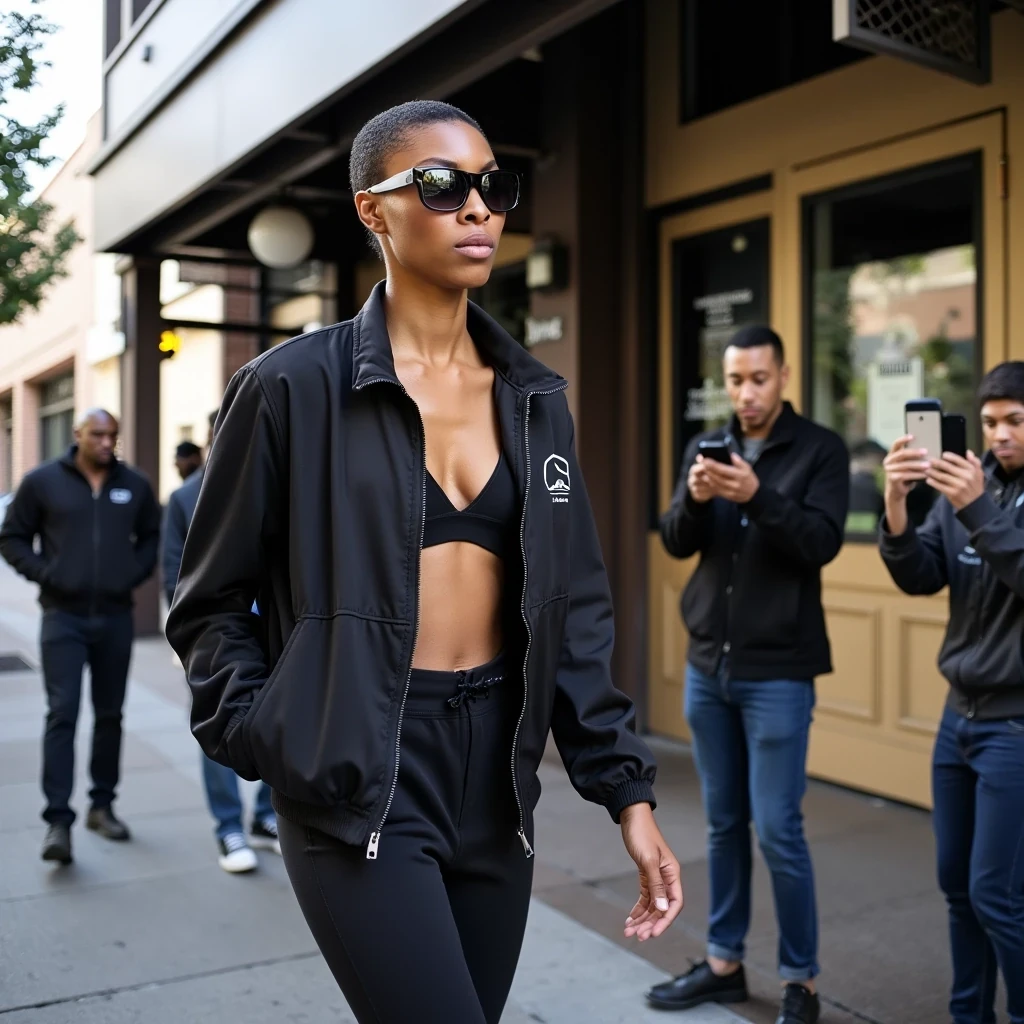 Coffee Run
Shot on Nikon Z9, 35mm f/1.4, ISO 2000, 1/160 sec. Candid morning shot outside Blue Bottle Coffee. Model in oversized sunglasses, Balenciaga track suit. Light olive brown skin natural and makeup-free, showing morning texture. Single on-camera flash mixed with morning light. Other customers in background looking at phone cameras. Slight motion blur as she walks briskly.
 CSTMDL