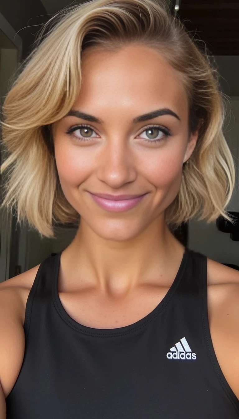 boring low quality snapchat photo circa 2015, a fit woman model as fitness influencer wearing gym outfit in the bodybuilding gym, Portraits of a young woman in her late twenties with short blonde wavy hair and green eyes. Athletic, toned and tanned. 