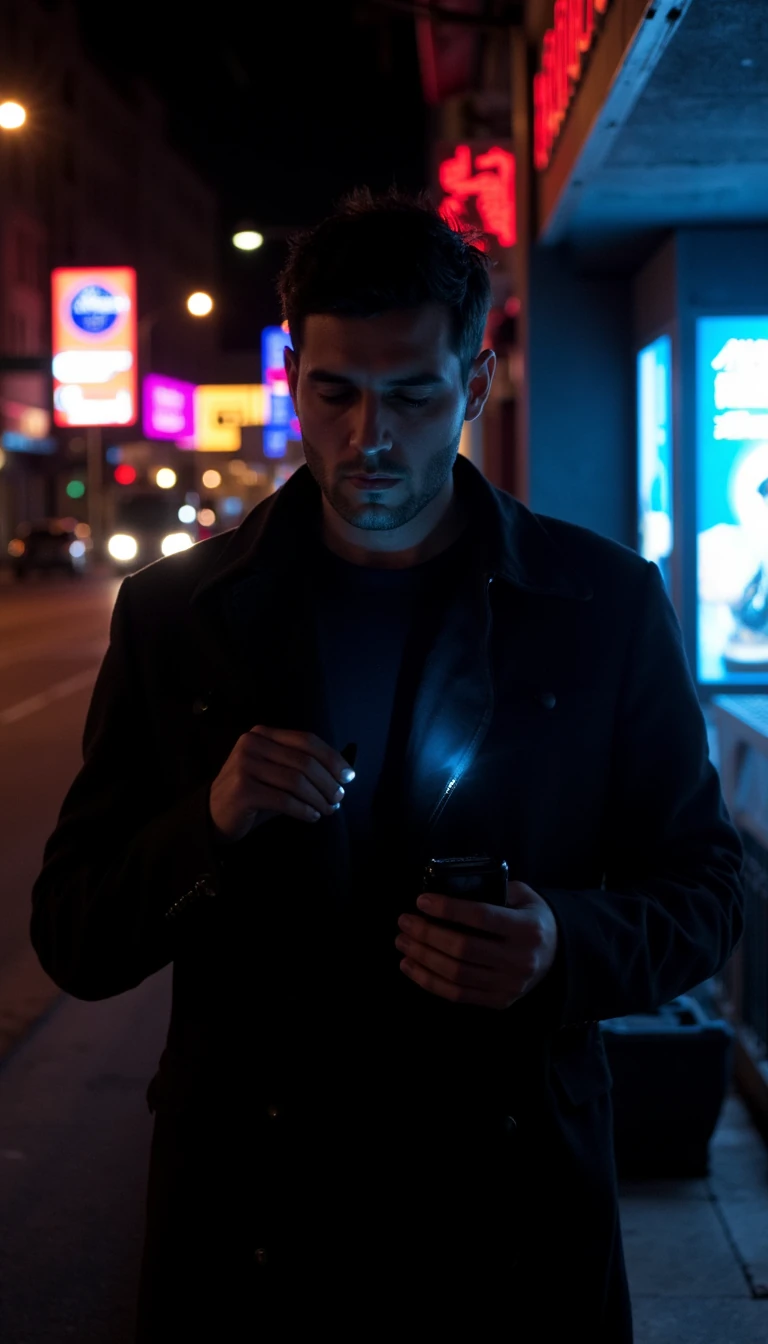 Imagine him standing on a dimly lit street corner, neon signs flickering behind him, casting streaks of color across his sharp features. His silhouette is strong, defined—an air of quiet intensity surrounds him. His gaze, deep and contemplative, tells the story of sleepless nights spent wrestling with doubt, the weight of responsibilities hanging on his shoulders like a worn-out leather jacket.

His hands, calloused yet graceful, clutch a sleek product—perhaps a wellness elixir, a revolutionary financial tool, or a piece of technology meant to ease the grind. He studies it with silent reverence, the lines on his face softening, relief washing over him in a subtle exhale. The world around him still hums with chaos, but for a fleeting moment, he is at peace.

His presence commands attention—not through loud words or exaggerated gestures, but through the quiet allure of someone who understands struggle intimately. His audience watches, captivated, as he transforms, as exhaustion gives way to a quiet resolve, as the weight eases ever so slightly. He doesn’t sell products; he sells the feeling of overcoming—of finding something that actually helps.  