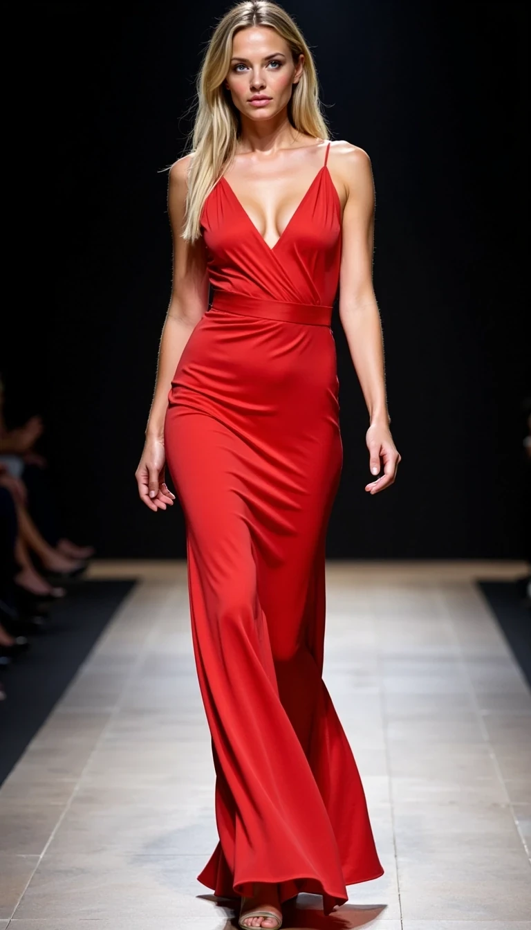 full body runway shot of elinSundberg, 23 year old Swedish woman, blonde hair, blue eyes, walking on a fashion catwalk, looking straight ahead, wearing elegant red evening dress, studio spotlight, head to toe visible, ultra realistic, top model, big boobs