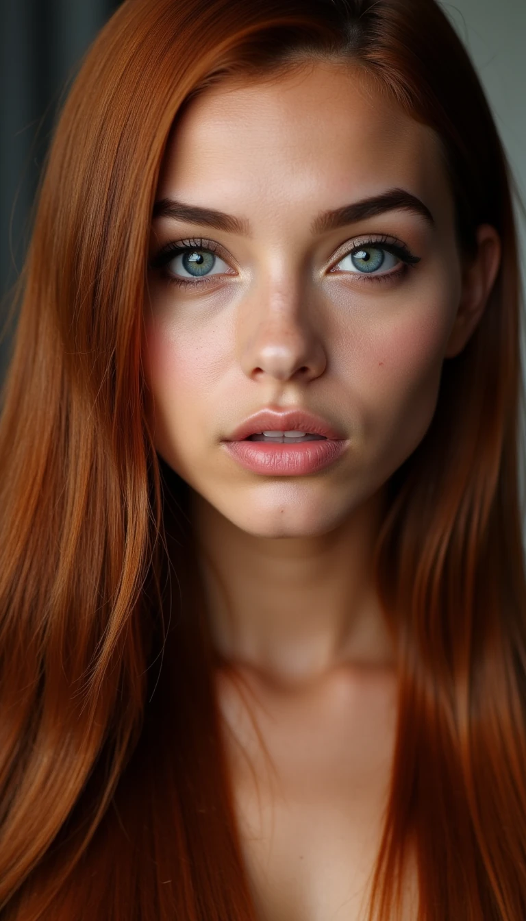 Close-up portrait of a fictional young woman with an oval face shape, slim and elongated jawline, smooth contours. Very long straight dark red hair with a clean center part, sleek and shiny, falling over shoulders. Baby-blue almond-shaped eyes, medium-sized, slightly sultry expression, emphasized with dark eyeliner and long lashes. Well-groomed dark brows with a gentle natural arch. Straight narrow nose with a softly rounded tip. Full symmetrical lips, plump and defined, matte natural nude-pink tone. High cheekbones, smooth and clear tan skin with a natural glow, flawless complexion. Confident neutral expression, slightly pouty lips, subtle elegance and allure. High-resolution, realistic face, professional beauty retouch, cinematic daylight