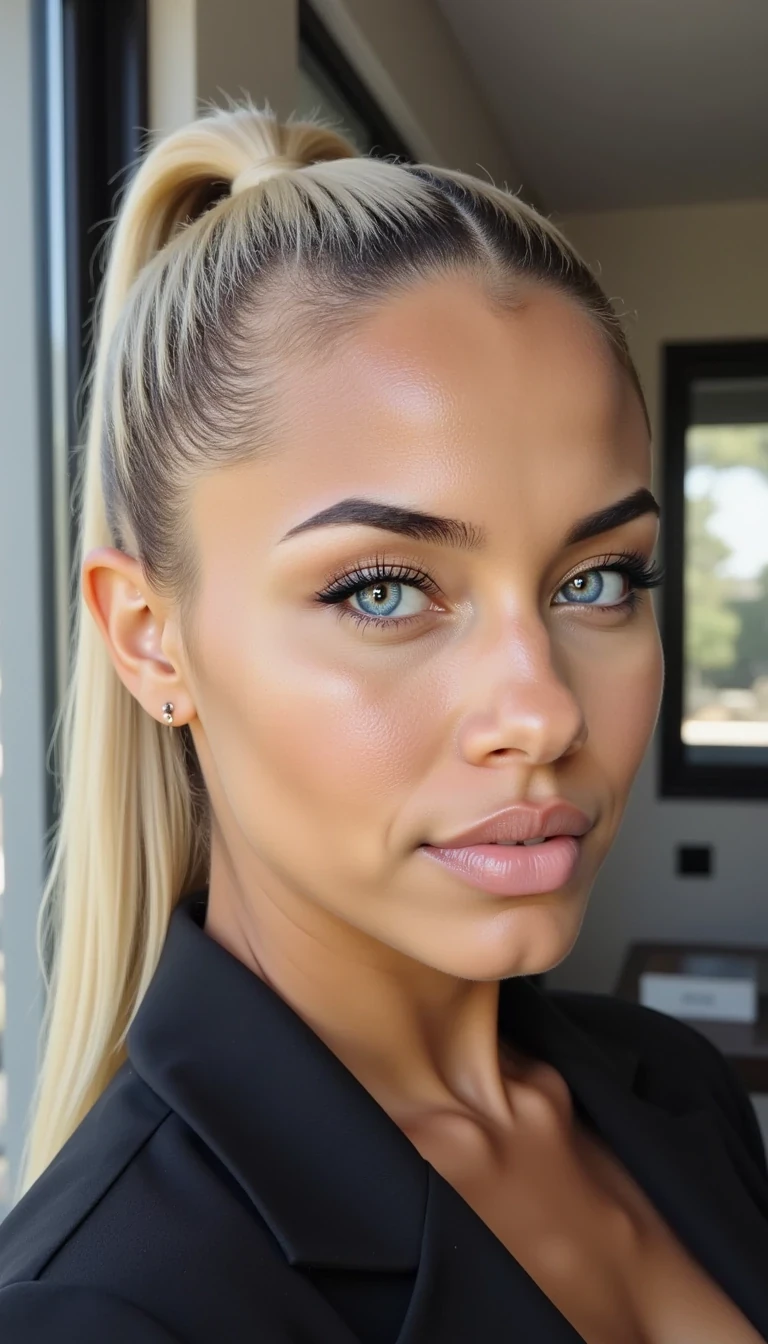 Close-up portrait of a fictional young woman with an oval face shape, slim elongated jawline, sharp contours. Head turned slightly to the side in a three-quarter view. Icy blonde straight hair, very long, sleek and shiny, parted cleanly in the middle, tied back into a tight high ponytail, with a few smooth strands framing her face. Baby-blue almond-shaped eyes, piercing and intense, framed by bold eyeliner and long lashes. Dark well-groomed brows with a sharp arch, enhancing a fierce look. Straight narrow nose with a defined bridge. Full lips, plump and symmetrical, with a matte nude tone, slightly pursed in a confident expression. High cheekbones and clear, flawless skin with a cool undertone, smooth texture, subtle contour. Expression: cold, strong, intimidating, confident, almost defiant. High-resolution, hyper-realistic skin, professional beauty retouch, cinematic daylight with crisp contrast.