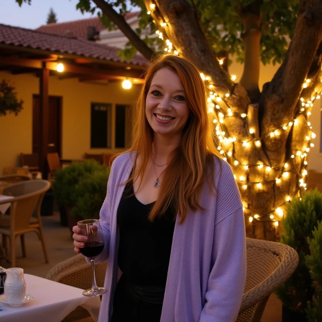 A full body shot photo of a woman standing outdoors at a cozy, warmly lit patio in the evening, with soft, glowing lights wrapped around a tree behind them creating a charming atmosphere. The image is rich in detail, with warm tones and clear textures throughout. The woman has fair skin, a slim build, and long reddish-blonde hair, also worn loose. She is smiling warmly at the camera, holding a glass of red wine in her right hand, and wears a soft-textured lavender cardigan over a black top. The background features a large tree with sparkling string lights wrapped around its trunk and branches, adding a magical touch to the scene. The setting suggests a private outdoor seating area, with elements like terracotta-tiled roofing, greenery, and rattan chairs contributing to a serene, inviting vibe. The overall composition is balanced, with the woman framed against the softly glowing tree, and the lighting enhances the warm, intimate feel of a quiet evening shared among friends. The details are vivid, with textures of clothing, skin, and background elements clearly visible, while the warm lighting creates a relaxed and joyful mood