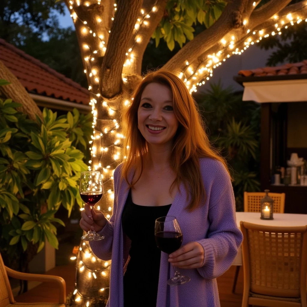 A full body shot photo of a woman standing outdoors at a cozy, warmly lit patio in the evening, with soft, glowing lights wrapped around a tree behind them creating a charming atmosphere. The image is rich in detail, with warm tones and clear textures throughout. The woman has fair skin, a slim build, and long reddish-blonde hair, also worn loose. She is smiling warmly at the camera, holding a glass of red wine in her right hand, and wears a soft-textured lavender cardigan over a black top. The background features a large tree with sparkling string lights wrapped around its trunk and branches, adding a magical touch to the scene. The setting suggests a private outdoor seating area, with elements like terracotta-tiled roofing, greenery, and rattan chairs contributing to a serene, inviting vibe. The overall composition is balanced, with the woman framed against the softly glowing tree, and the lighting enhances the warm, intimate feel of a quiet evening shared among friends. The details are vivid, with textures of clothing, skin, and background elements clearly visible, while the warm lighting creates a relaxed and joyful mood