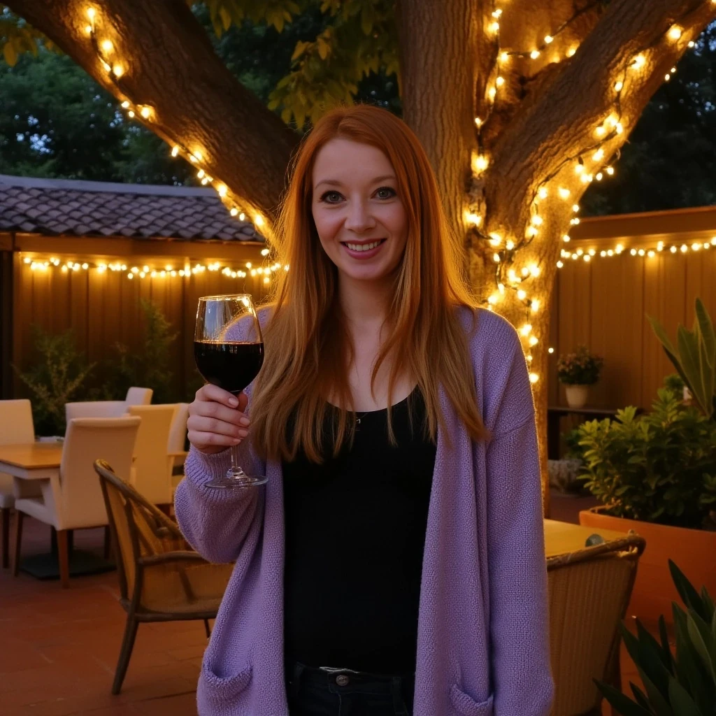 A full body shot photo of a woman standing outdoors at a cozy, warmly lit patio in the evening, with soft, glowing lights wrapped around a tree behind them creating a charming atmosphere. The image is rich in detail, with warm tones and clear textures throughout. The woman has fair skin, a slim build, and long reddish-blonde hair, also worn loose. She is smiling warmly at the camera, holding a glass of red wine in her right hand, and wears a soft-textured lavender cardigan over a black top. The background features a large tree with sparkling string lights wrapped around its trunk and branches, adding a magical touch to the scene. The setting suggests a private outdoor seating area, with elements like terracotta-tiled roofing, greenery, and rattan chairs contributing to a serene, inviting vibe. The overall composition is balanced, with the woman framed against the softly glowing tree, and the lighting enhances the warm, intimate feel of a quiet evening shared among friends. The details are vivid, with textures of clothing, skin, and background elements clearly visible, while the warm lighting creates a relaxed and joyful mood