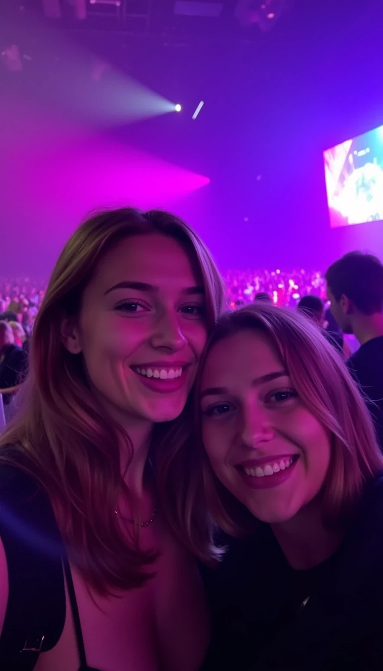 Young woman with soft light brown hair, standing close to a friend at an energetic concert. They’re in a dimly lit venue with colorful stage lights casting vibrant shades of pink, blue, and purple over their faces. She’s smiling and laughing, her face partially illuminated by the neon lights, with her friend next to her, both holding their phones up to capture the moment. The background shows a blurred crowd and bright, dynamic lights from the stage, creating an exciting, lively atmosphere.
