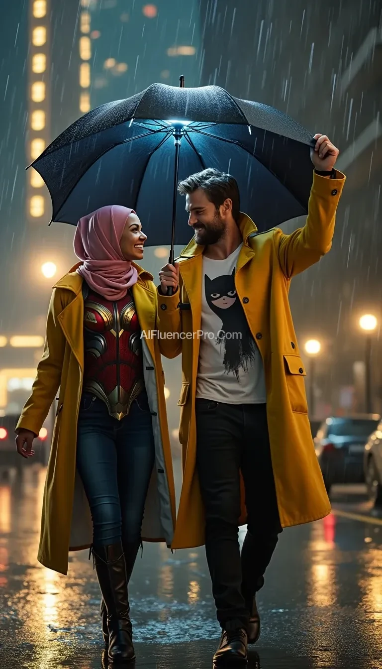 "Create a photorealistic image of a man resembling Chris Hemsworth, walking through the rain on a dark city street. He is wearing a yellow coat, holding it up with one hand, while his partner holds the edge of the coat with the other hand, using it as an improvised umbrella to shield them from the rain. Underneath the yellow coat, he wears a t-shirt with the iconic design of Thor's superhero costume, featuring red, gold, and silver details. The background features a glowing hotel with tall buildings. The man has a neat beard, strong jawline, and soothing blue eyes. He is wearing black trousers. His partner, a woman resembling Halle Berry, has a radiant smile and is wearing a pink hijab, a white jacket, and jeans. Under her jacket, she wears a t-shirt with the iconic design of Catwoman’s superhero costume, featuring sleek black leather with a cat-eye mask detail. Both smile at each other. The wet street reflects the shimmering hotel lights, creating a romantic, cinematic atmosphere in the rain."
