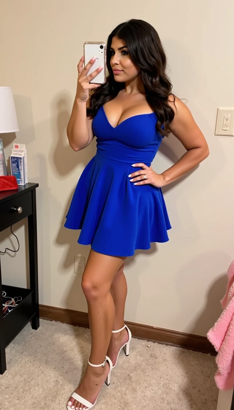 Photo of woman CSTMDL,m, she should have a body like ava addams, she should have wavy hair, she should have massive bimbo boobs:5.0, she should have huge boobs, she should have really wide hips,she should be wearing a low cut bright blue strapless flowey short sundress, she should be wearing six inch heels, she should have really perky tits, her cleavage should be spilling out of her top