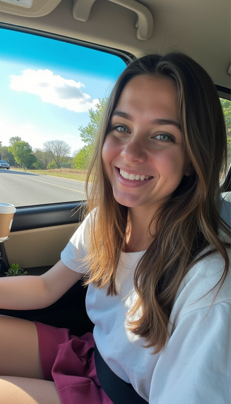 boring low quality snapchat photo circa 2015, A young woman with a warm smile, sitting in the driver's seat of a cozy car. She has soft, wavy brown hair cascading past her shoulders. The sunlight streams through the window, casting a gentle glow on her face. The interior of the car is neat and comfortable, with a coffee cup in the cup holder and a small plant on the dashboard. The background outside the window shows a scenic road lined with trees and blue skies