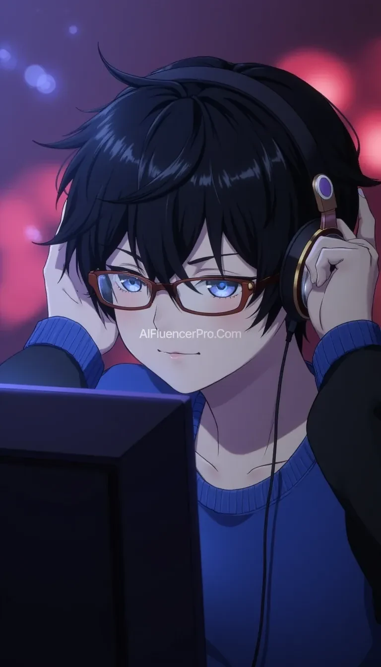 My boy wear headphone using pc face show on front hair black wear glass background anime