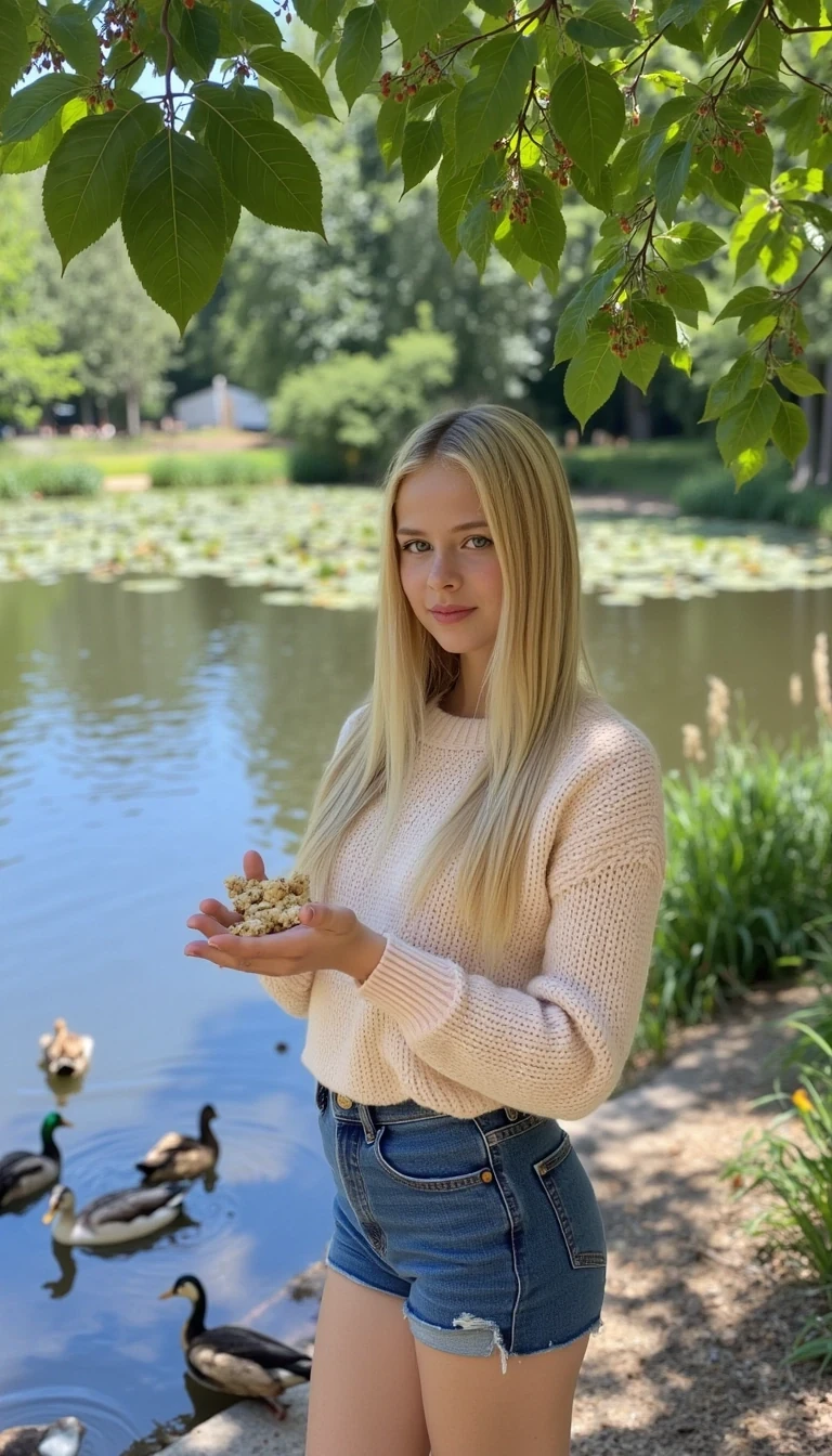 photo of woman CSTMDL, she has long blonde straight hair, very light blue eyes and fair skin. plump pink lips with a slight tint of red. she is smiling, looking away from the camera. she is a baby faced woman with striking light blue eyes and very fair skin and barely noticeable freckles and silky extremely light blonde hair. She wears minimal makeup, with subtle mascara accentuating her long lashes and a natural red gloss on her lips while smiling 
A cute girl with very light blonde, pin-straight hair stands at the edge of a tranquil pond, surrounded by the soft colors of nature. Her hair falls neatly down her back, catching glints of sunlight that make it almost shimmer like gold. She’s wearing a light pastel sweater and denim shorts, dressed casually but neatly, with a peaceful air about her.

In her hands, she gently crumbles bits of bread or bird feed, tossing them into the water with care. A group of ducks paddle eagerly toward her, rippling the surface of the calm water as they go. Some flap their wings gently or dip their beaks under the surface, while others already cluster near the shore, waiting for more.

The pond reflects the soft blue of the sky and the surrounding greenery, with patches of reeds and lily pads decorating the water’s edge. Sunlight filters through the trees above, casting dappled patterns on the girl and the ducks.

Her expression is calm and gentle, maybe even smiling slightly—completely absorbed in the moment. The whole scene gives off a serene, storybook-like feel, as if time has slowed just for this quiet interaction between girl and nature.
