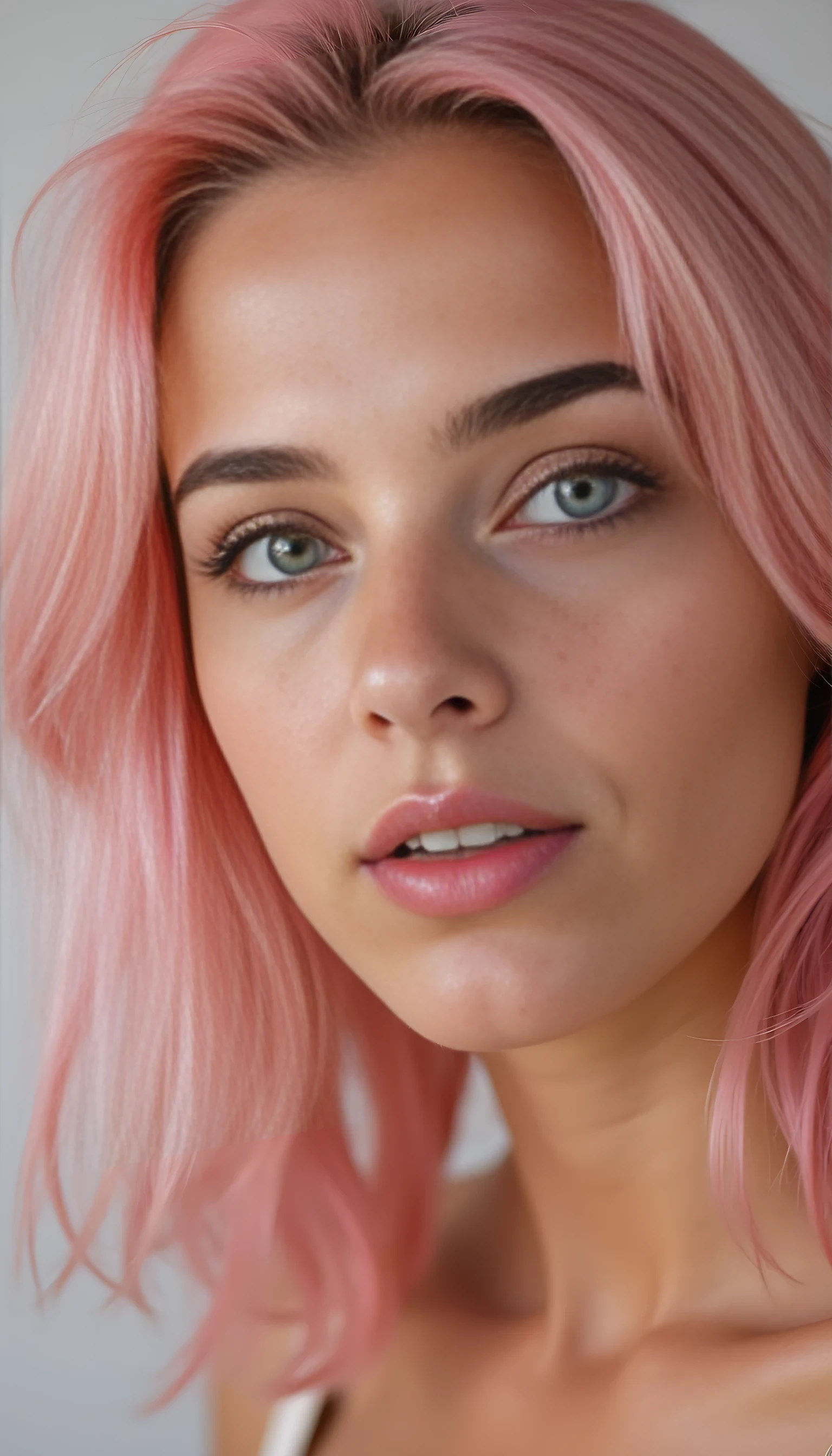 A portrait photo of a beautiful 22 years old model, mixed ethnicity of half white American half Brazilian, with natural pastel pink hair, bright jade green eyes, subtle freckles on her cheeks, ultra detailed eyes with sharp iris reflections, slight smile, studio-quality, extremely realistic HD