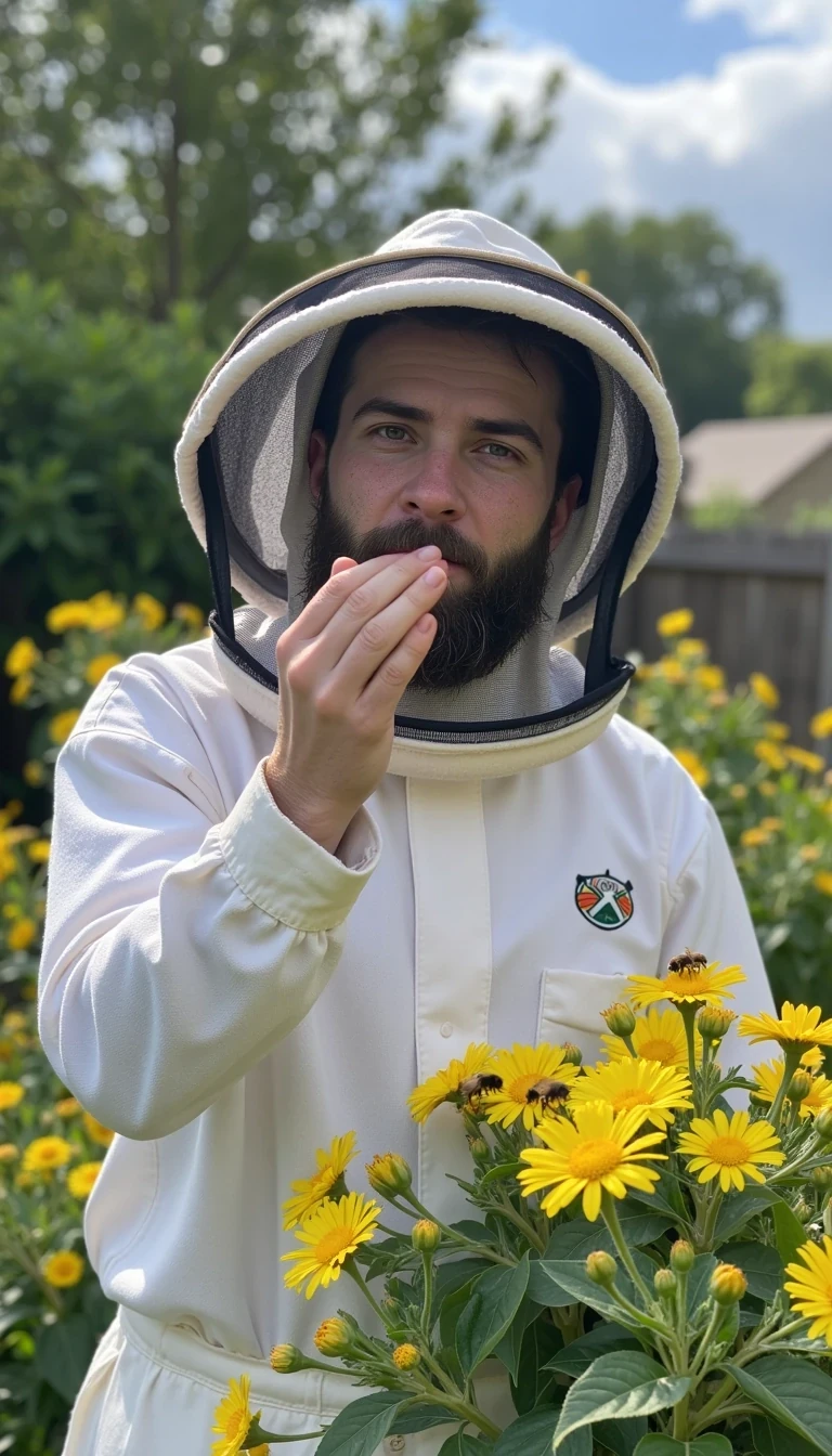 Samuel is outside in the garden. You can clearing see him kissing bees on the mouth. Thousands of bees

