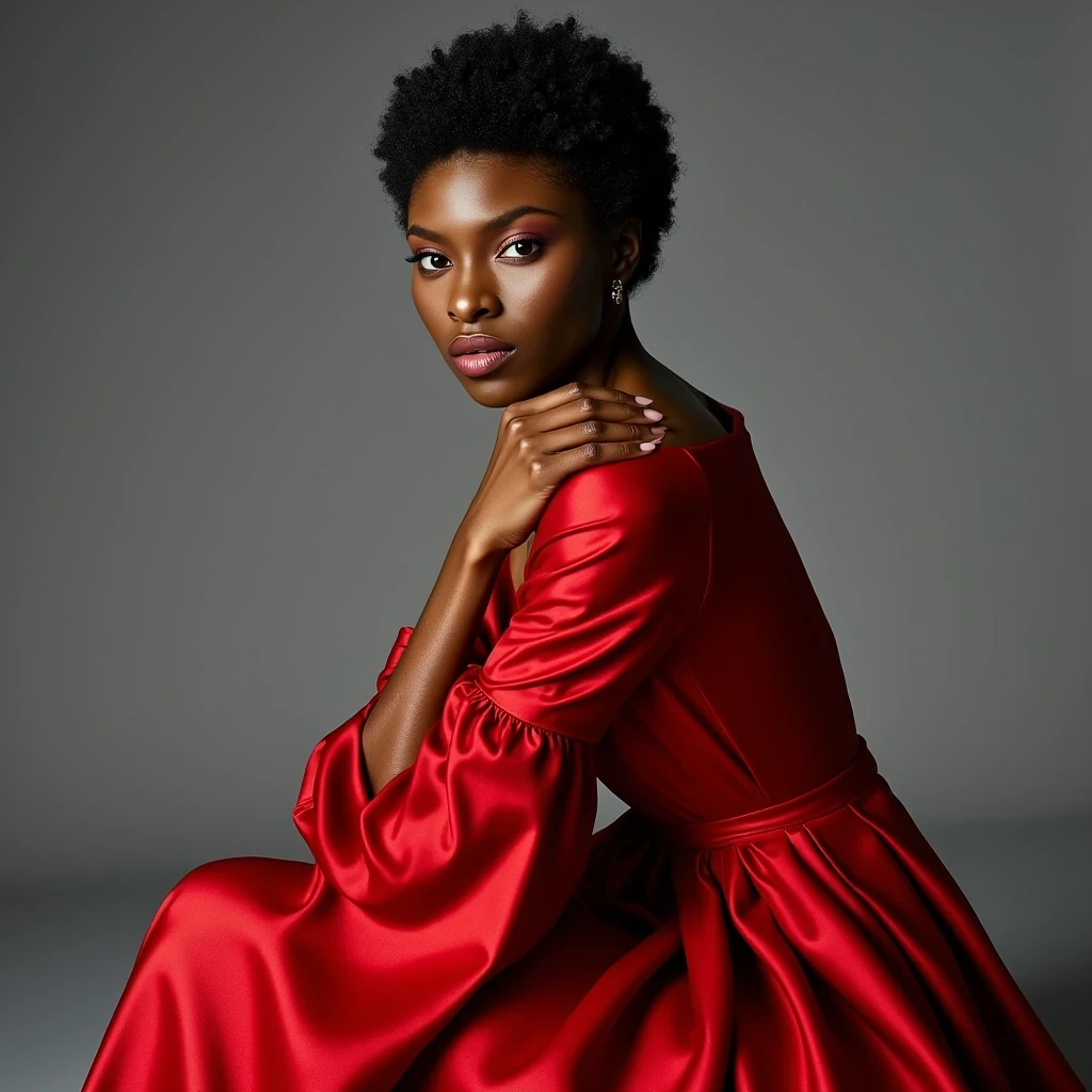 Vogue Cover
Shot on Hasselblad H6D-100c, 80mm f/2.8, ISO 50, 1/125 sec. Medium shot of statuesque supermodel with light olive brown skin, 5'11" height, sculpted cheekbones, and almond-shaped eyes. Wearing Valentino haute couture gown in scarlet silk. Skin texture shows microscopic detail: refined pores, slight golden undertone, ethereal glass-like finish from expert skin prep. Key light: 72-inch Broncolor Para with silk diffusion at f/16, creating luminous wrap-around light that accentuates bone structure. Background: seamless grey at f/22, gradient lighting. Model poses with signature elongated neck, slight profile, channeling Iman's classic stance. CSTMDL