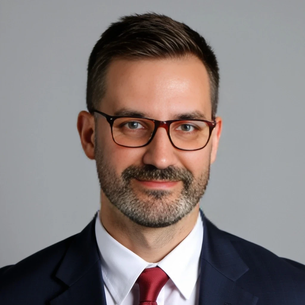 Businessman, with the exact same face as the attached photo and the exact same haircut. He is wearing a suit and modern red Ray-Ban reading glasses. Slim but muscular build, with a beard like in the photo but more neatly groomed. Same haircut as in the attached photo. He is facing the camera directly, as if posing for a LinkedIn profile picture.