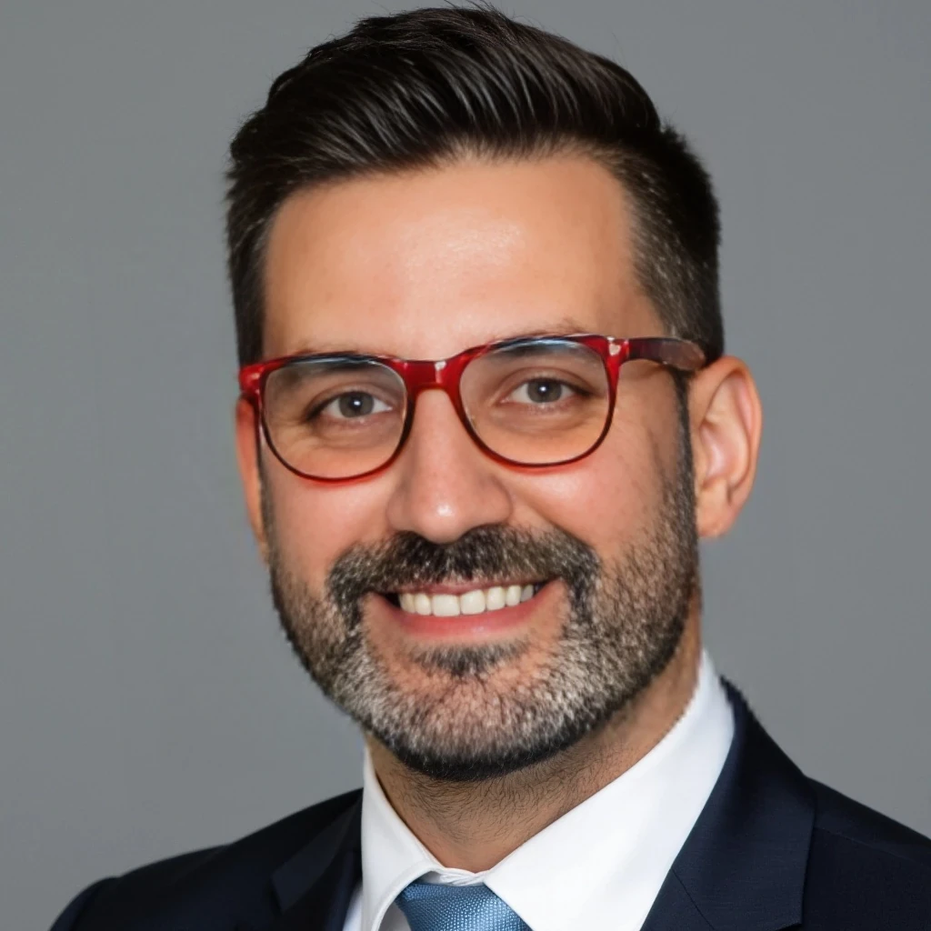 Businessman, with the exact same face as the attached photo and the exact same haircut. He is wearing a suit and modern red Ray-Ban reading glasses. Slim but muscular build, with a beard like in the photo but more neatly groomed. Same haircut as in the attached photo. He is facing the camera directly, as if posing for a LinkedIn profile picture.