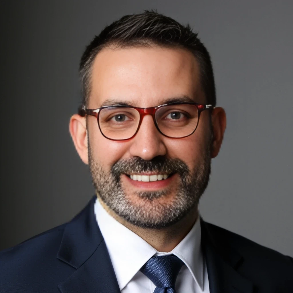 Businessman, with the exact same face as the attached photo and the exact same haircut. He is wearing a suit and modern red Ray-Ban reading glasses. Slim but muscular build, with a beard like in the photo but more neatly groomed. Same haircut as in the attached photo. He is facing the camera directly, as if posing for a LinkedIn profile picture.