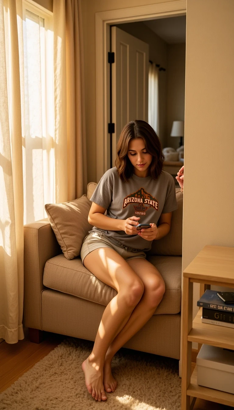  young woman cstmdl with shoulder-length, wavy chestnut-brown hair and glowing skin relaxes in a softly lit living room. She’s wearing an oversized vintage arizona state graphic T-shirt that drapes over her frame and barely reveals a pair of light cotton boxer shorts underneath. Her makeup is minimal, hair slightly tousled like she just took it out of a messy bun. She’s barefoot, lounging near a couch or leaning against a doorway with one leg bent, holding a cold drink or casually scrolling her phone. The room features desert tones, cozy textures, and soft sunset light coming through sheer curtains. The mood is relaxed, flirty, and effortlessly natural — like she’s totally at ease in her own space.