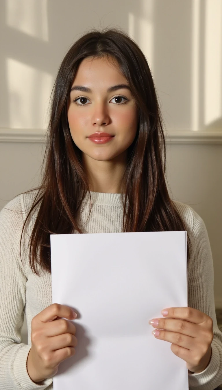 photo of woman CSTMDL, boring low quality snapchat photo circa 2015, cute woman, selfie, holding a piece of white paper, realistic photo, sun lighting, long sleeve clothes, upper body photo, wall background 