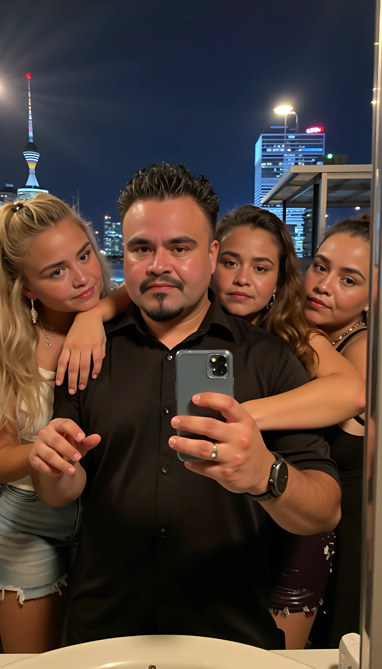 Selfie in a  mirror full man body wearing a  nice black dress shirt   Hugging with 2 blonde girls with blue eyes and 2 Mexican girls in a  big city night lights background 
