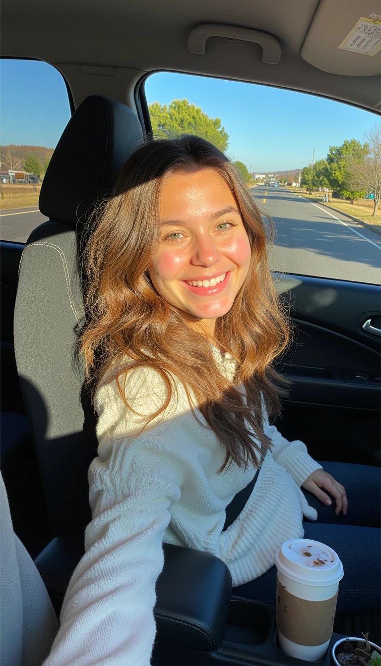 boring low quality snapchat photo circa 2015, A young woman with a warm smile, sitting in the driver's seat of a cozy car. She has soft, wavy brown hair cascading past her shoulders. The sunlight streams through the window, casting a gentle glow on her face. The interior of the car is neat and comfortable, with a coffee cup in the cup holder and a small plant on the dashboard. The background outside the window shows a scenic road lined with trees and blue skies