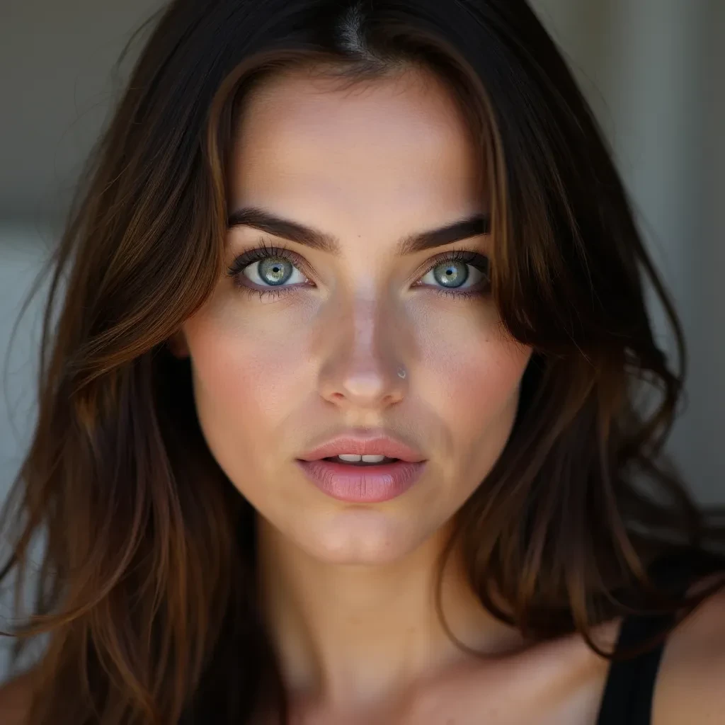 Model has blue eyes, Cultry eyes brown hair, big juicy lips, a petite nose, and high cheekbones